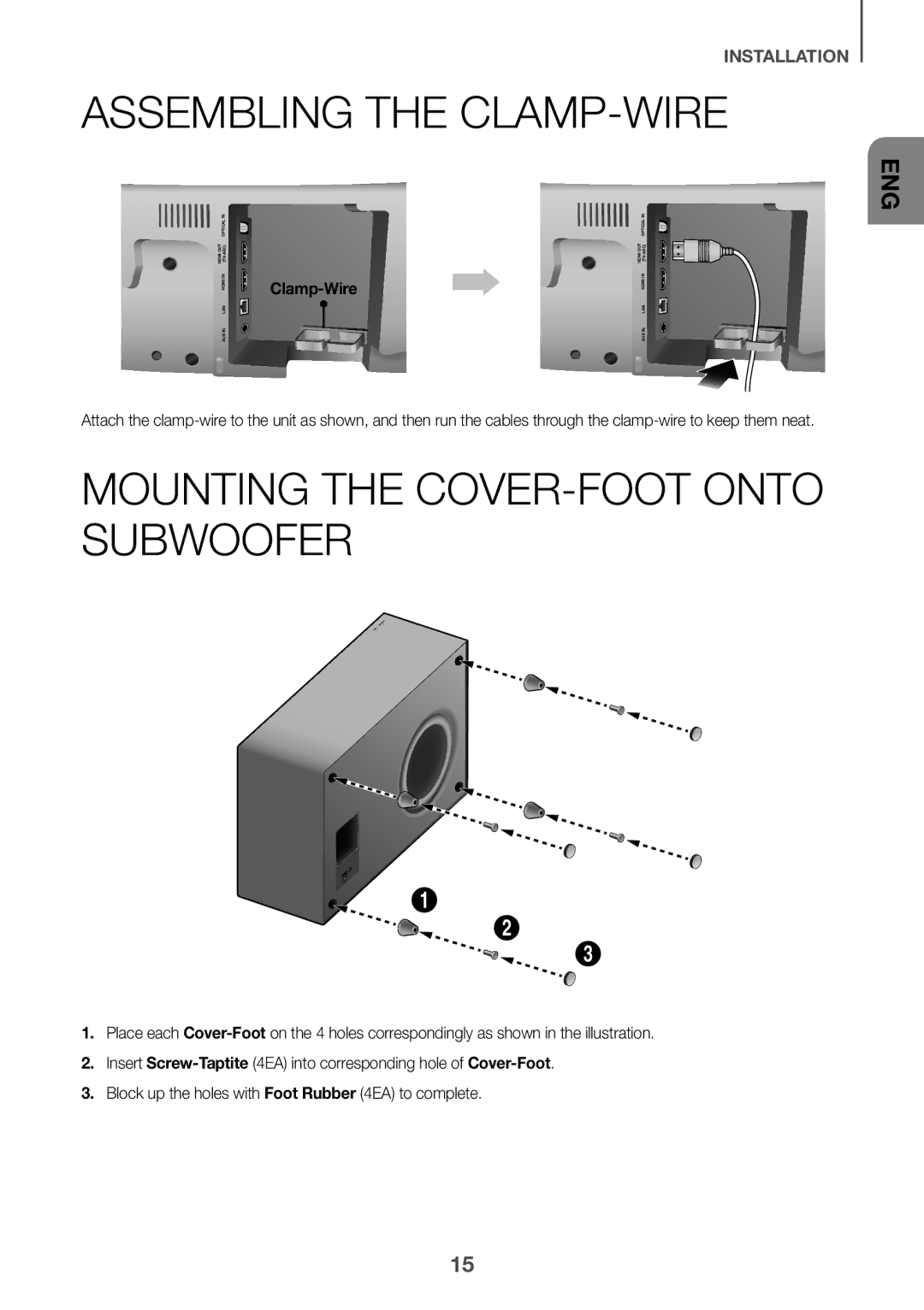 Samsung HW-J8501/UM manual Assembling the CLAMP-WIRE, Mounting the COVER-FOOT Onto Subwoofer, Clamp-Wire 