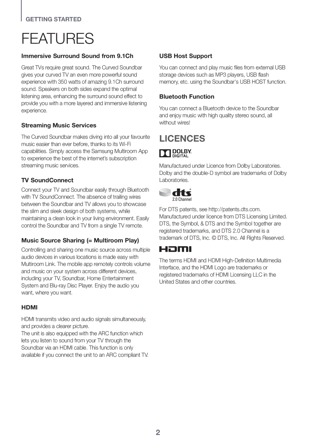 Samsung HW-J8501/UM manual Features, Licences 