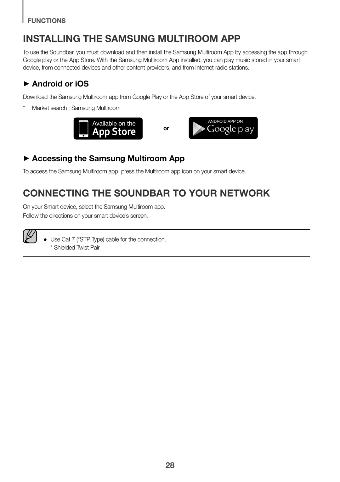 Samsung HW-J8501/UM manual Installing the Samsung Multiroom App, Connecting the Soundbar to Your Network, ++Android or iOS 