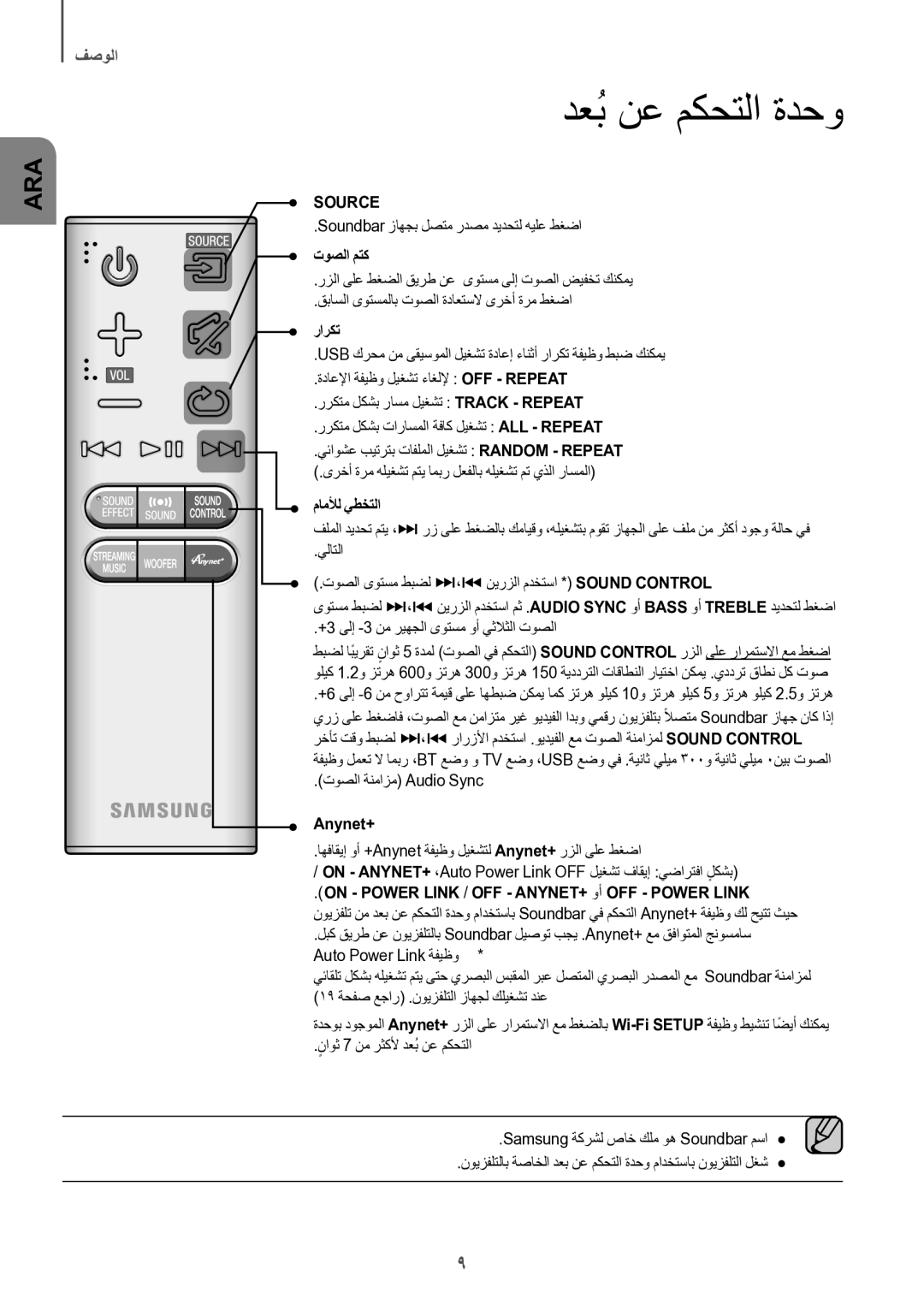 Samsung HW-J8501/UM دعبُنع مكحتلا ةدحو, توصلا متك, راركت, ماملأل يطختلا, On Power Link / OFF ANYNET+ وأ OFF Power Link 