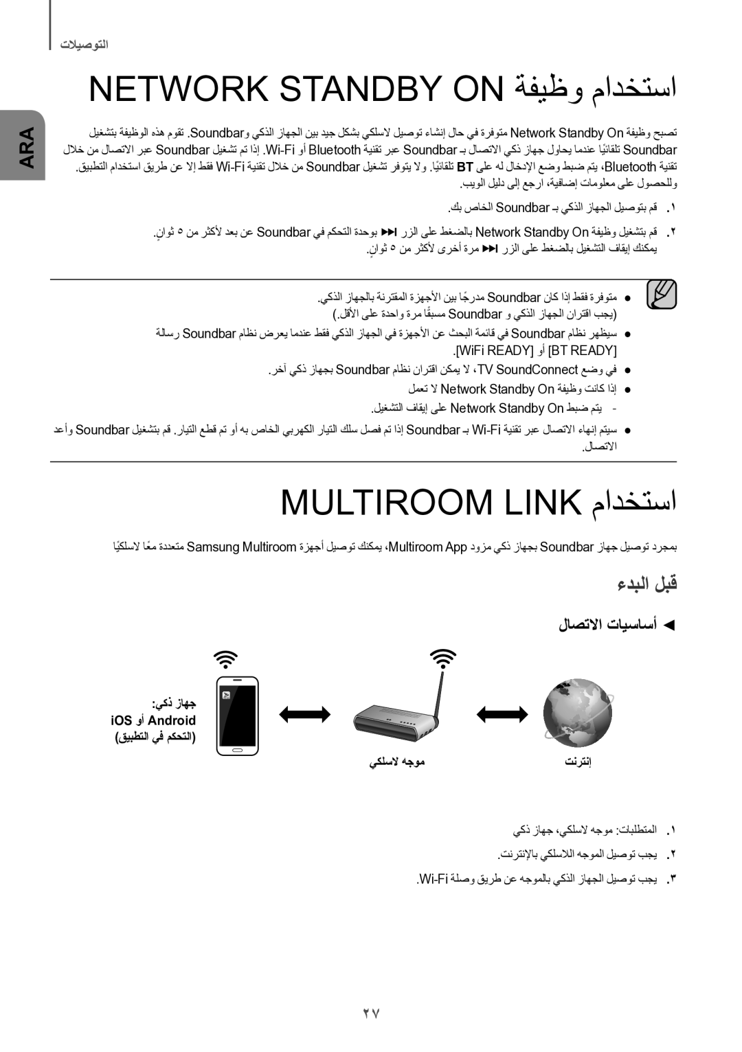 Samsung HW-J8501/UM manual Network Standby on ةفيظو مادختسا, Multiroom Link مادختسا, ءدبلا لبق, لاصتلاا تايساسأ 