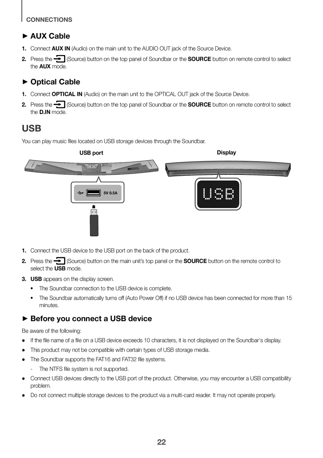 Samsung HW-J8501/XV manual Usb, ++AUX Cable, ++Optical Cable, ++Before you connect a USB device, USB port 