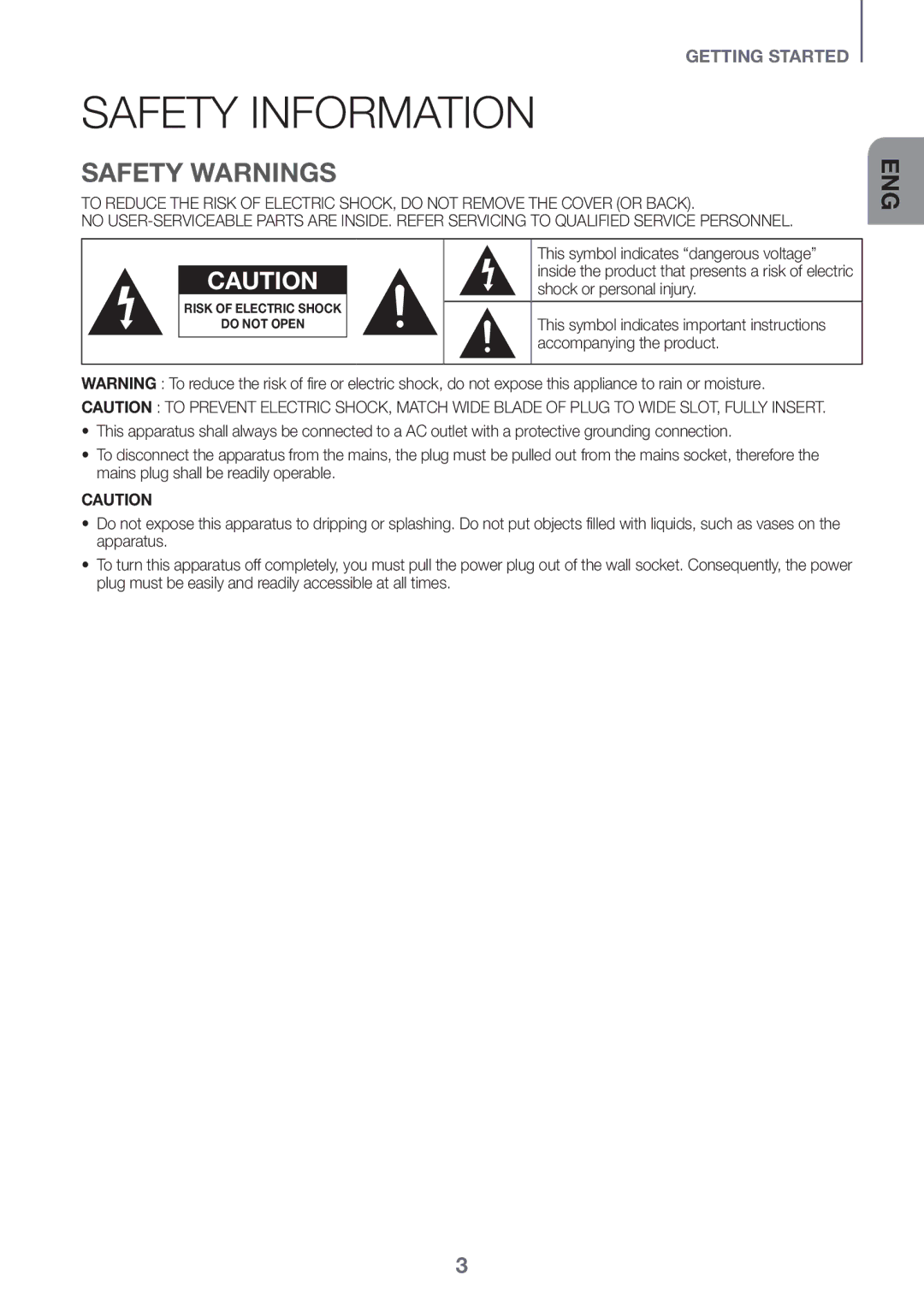 Samsung HW-J8501/XV Safety Information, Safety Warnings, This symbol indicates dangerous voltage, Shock or personal injury 