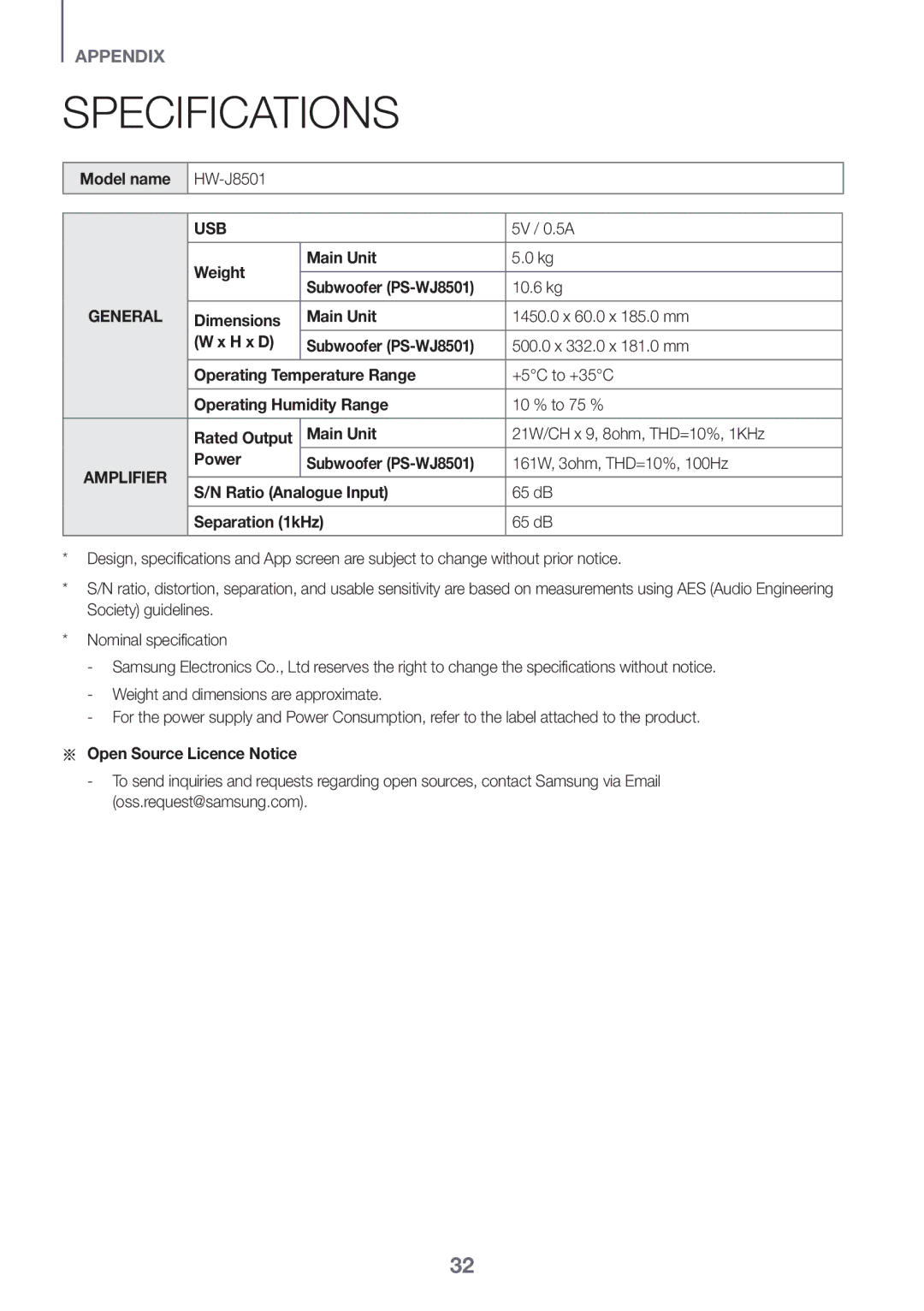 Samsung HW-J8501/XV manual Usb, 5V / 0.5A, Weight Main Unit, Aa Open Source Licence Notice 