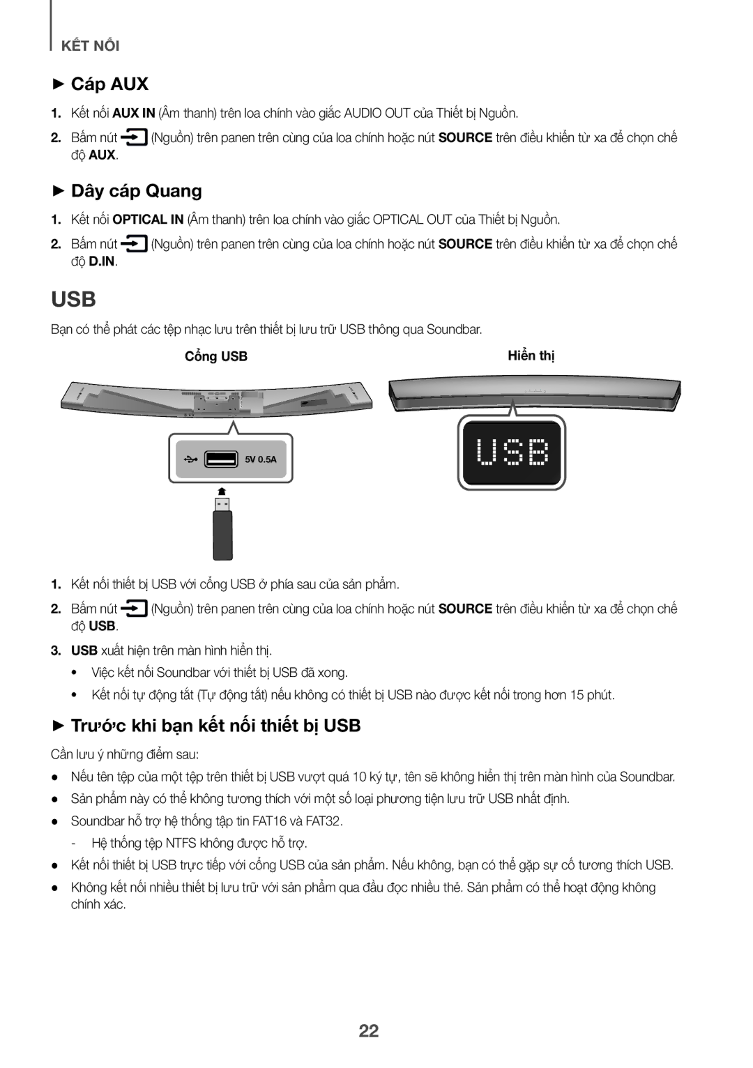 Samsung HW-J8501/XV manual ++Cáp AUX, ++Dây cáp Quang, ++Trước khi ban kêt nối thiêt bi USB, Cổng USB 