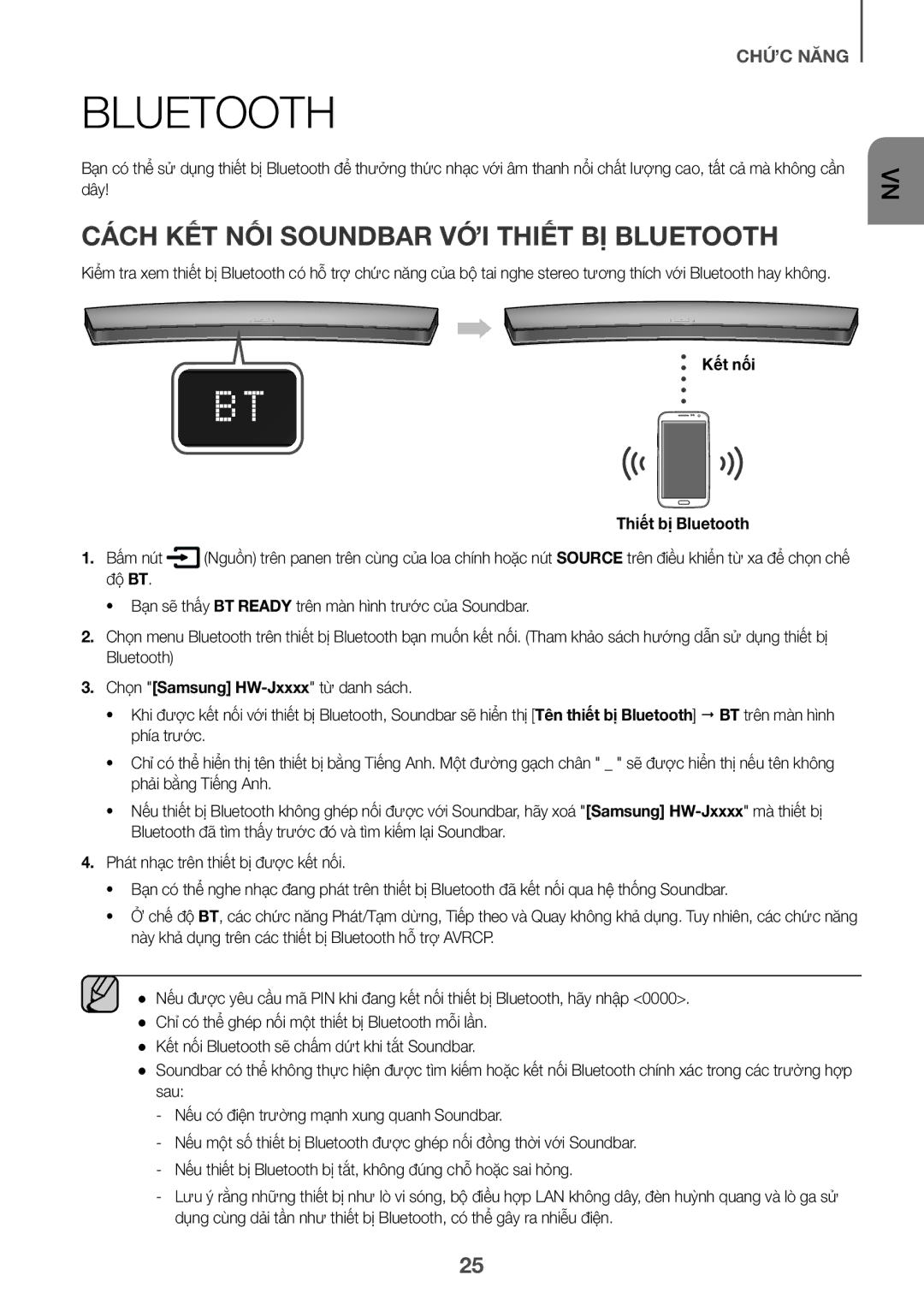 Samsung HW-J8501/XV manual CÁCH KÊT NÔI Soundbar VỚI Thiêt BỊ Bluetooth, Kêt nối Thiêt bi Bluetooth Bâm nut, Đô BT 