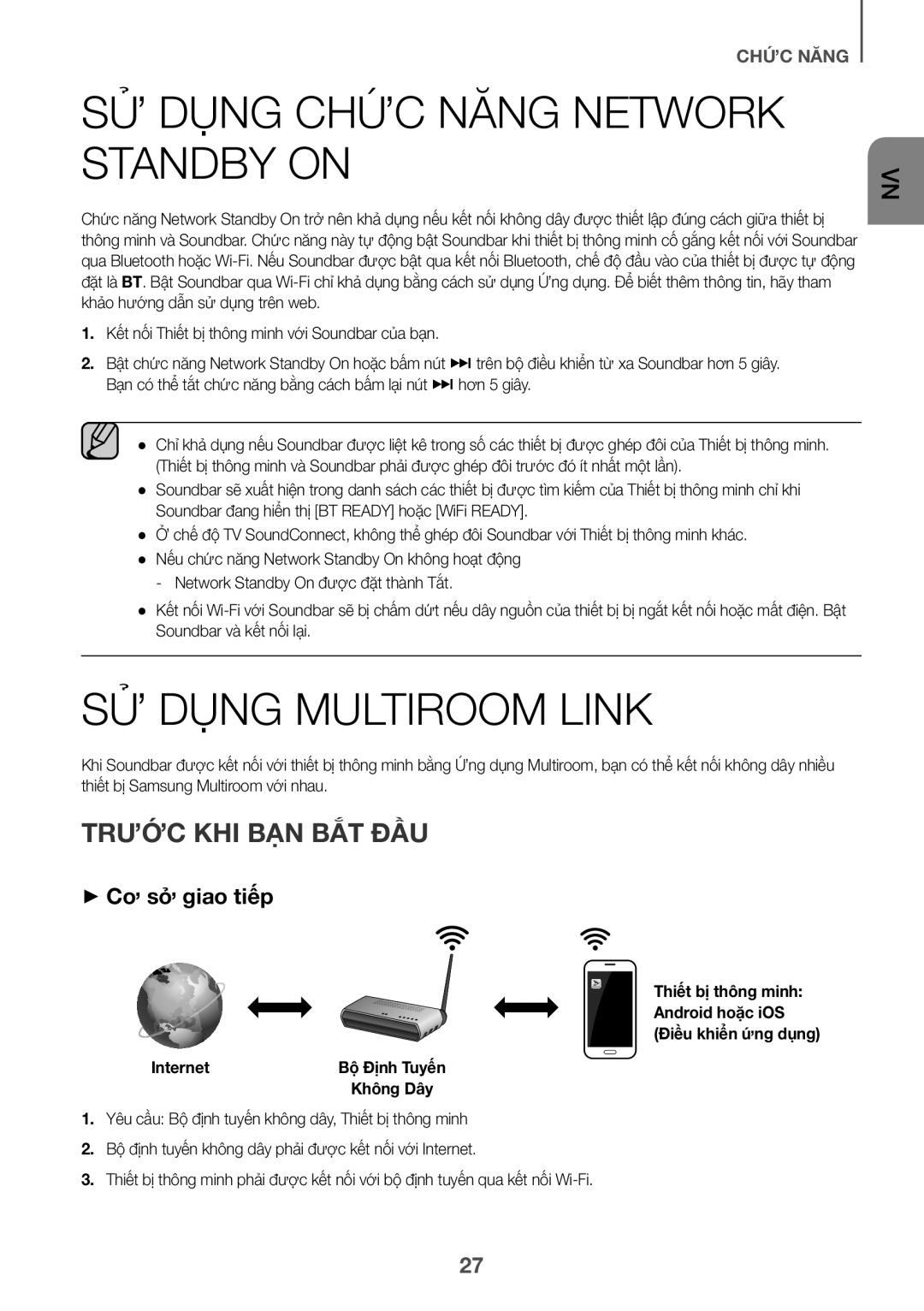 Samsung HW-J8501/XV manual SỬ DỤNG Chưc Năng Network Standby on, SỬ DỤNG Multiroom Link, Trước Khi Bạn Bắt Đầu 