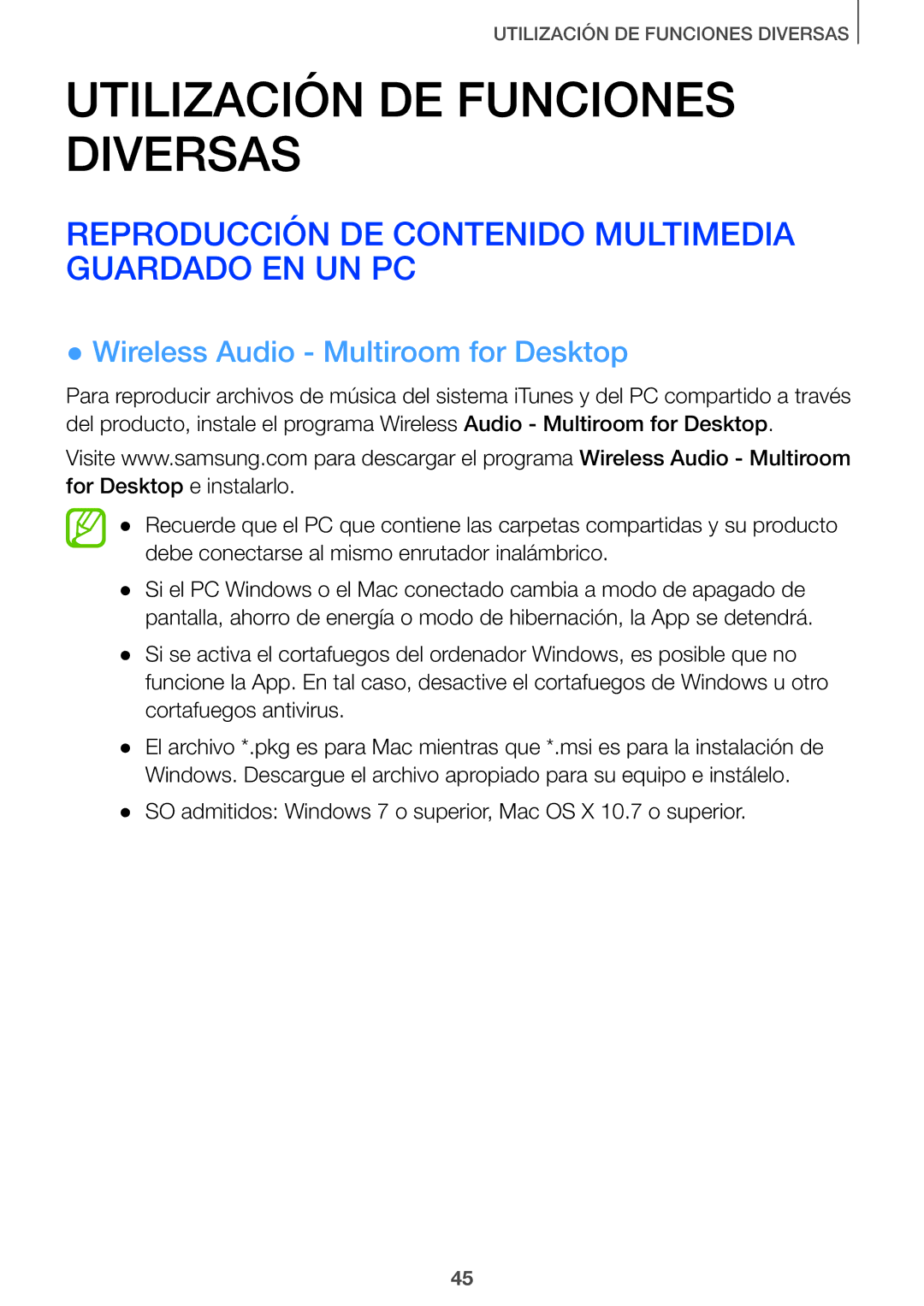 Samsung HW-J8501/ZF manual Reproducción DE Contenido Multimedia Guardado EN UN PC, Wireless Audio Multiroom for Desktop 