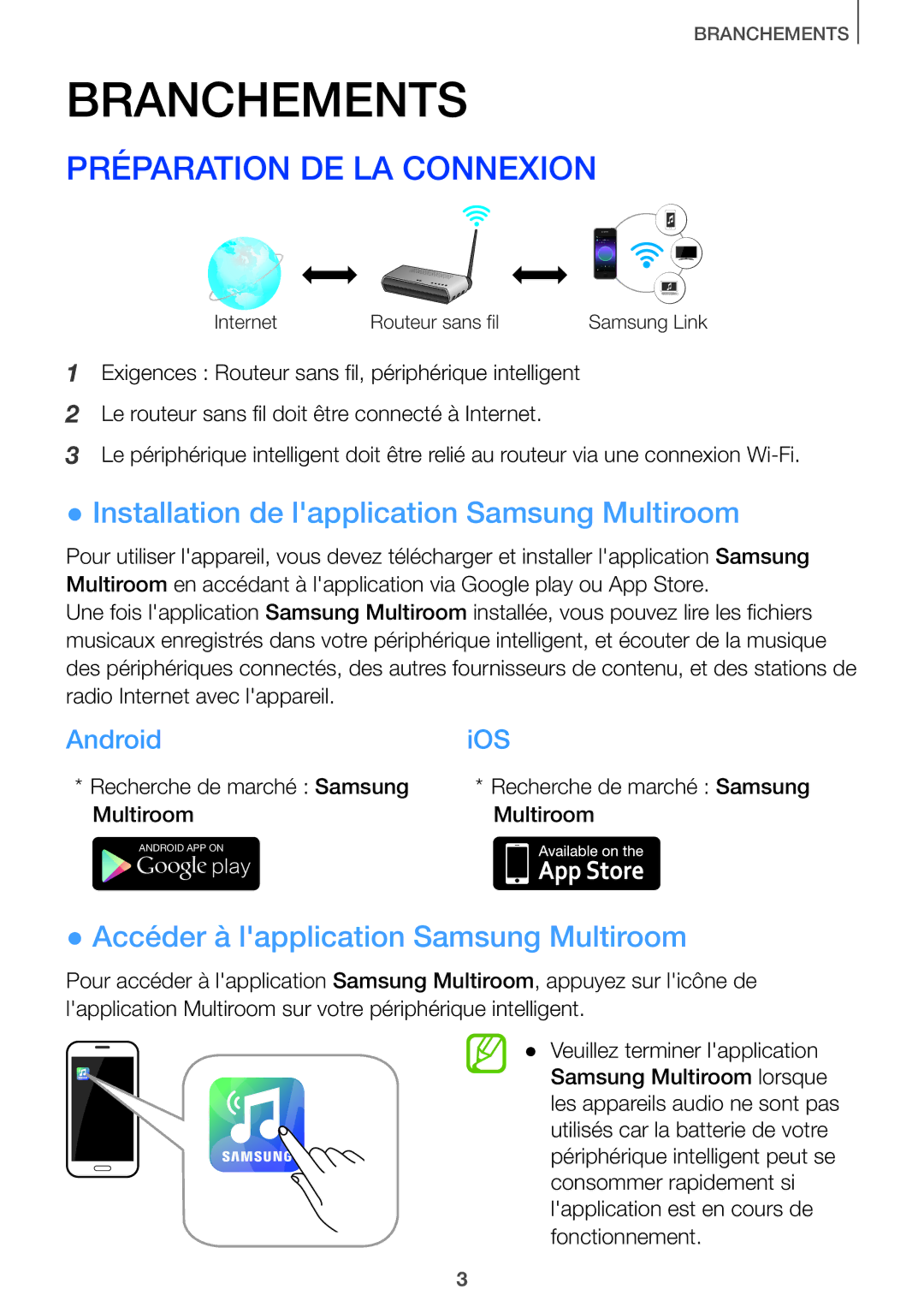 Samsung HW-J7501/ZF, HW-J8501/ZF Préparation DE LA Connexion, Installation de lapplication Samsung Multiroom, AndroidiOS 