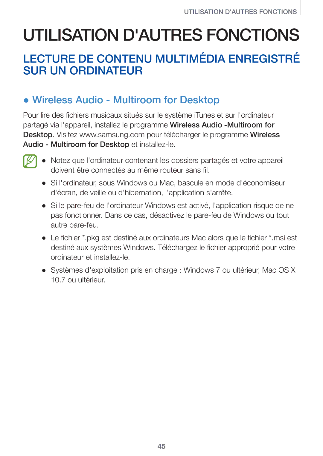 Samsung HW-J7501/ZF manual Lecture DE Contenu Multimédia Enregistré SUR UN Ordinateur, Wireless Audio Multiroom for Desktop 