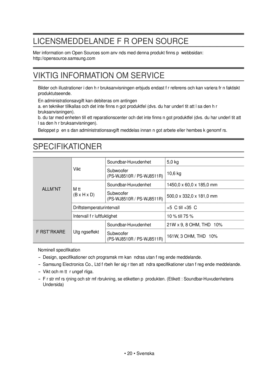 Samsung HW-J8511R/XE, HW-J8510R/XE manual Licensmeddelande FÖR Open Source, Viktig Information OM Service 