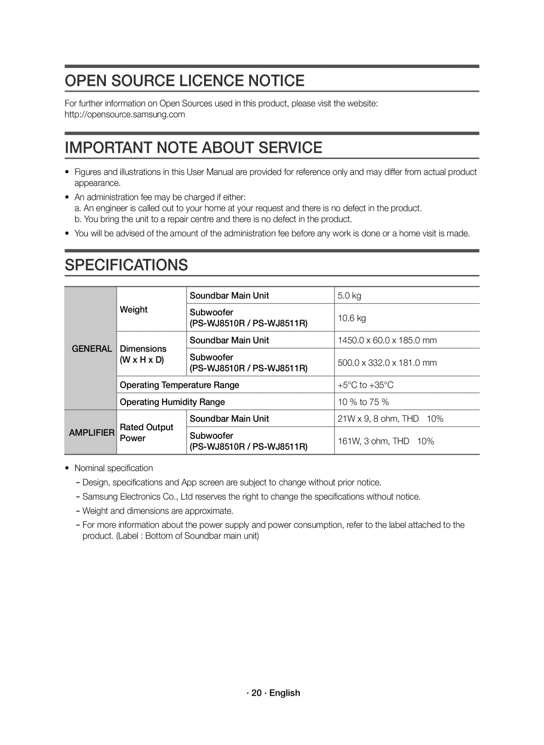 Samsung HW-J8511R/XE, HW-J8510R/XE Open Source Licence Notice, Important Note about Service, Specifications, Amplifier 