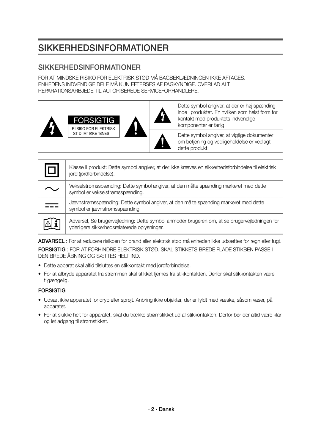 Samsung HW-J8511R/XE, HW-J8510R/XE manual Sikkerhedsinformationer, Forsigtig 