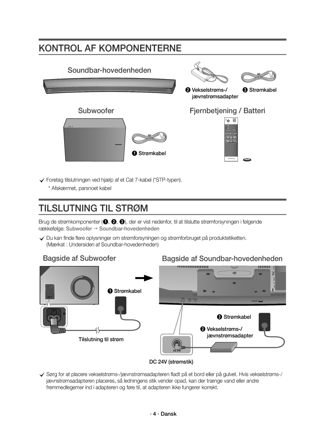 Samsung HW-J8511R/XE, HW-J8510R/XE manual Kontrol AF Komponenterne, Tilslutning TIL Strøm, Soundbar-hovedenheden 