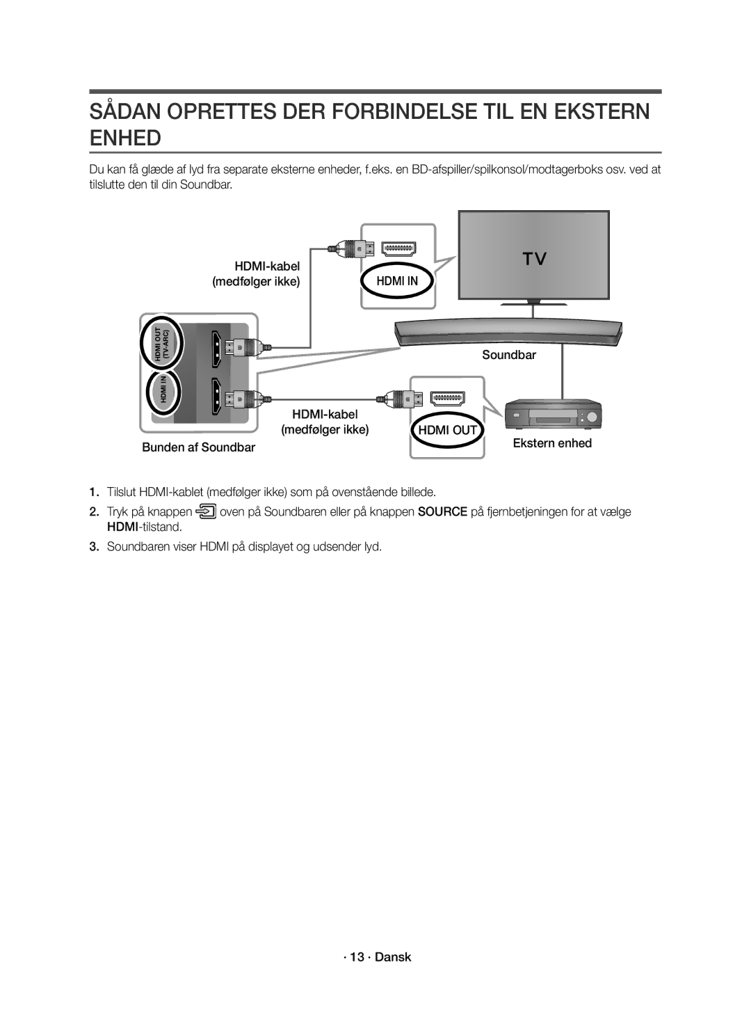 Samsung HW-J8510R/XE, HW-J8511R/XE manual Sådan Oprettes DER Forbindelse TIL EN Ekstern Enhed, Soundbar HDMI-kabel 