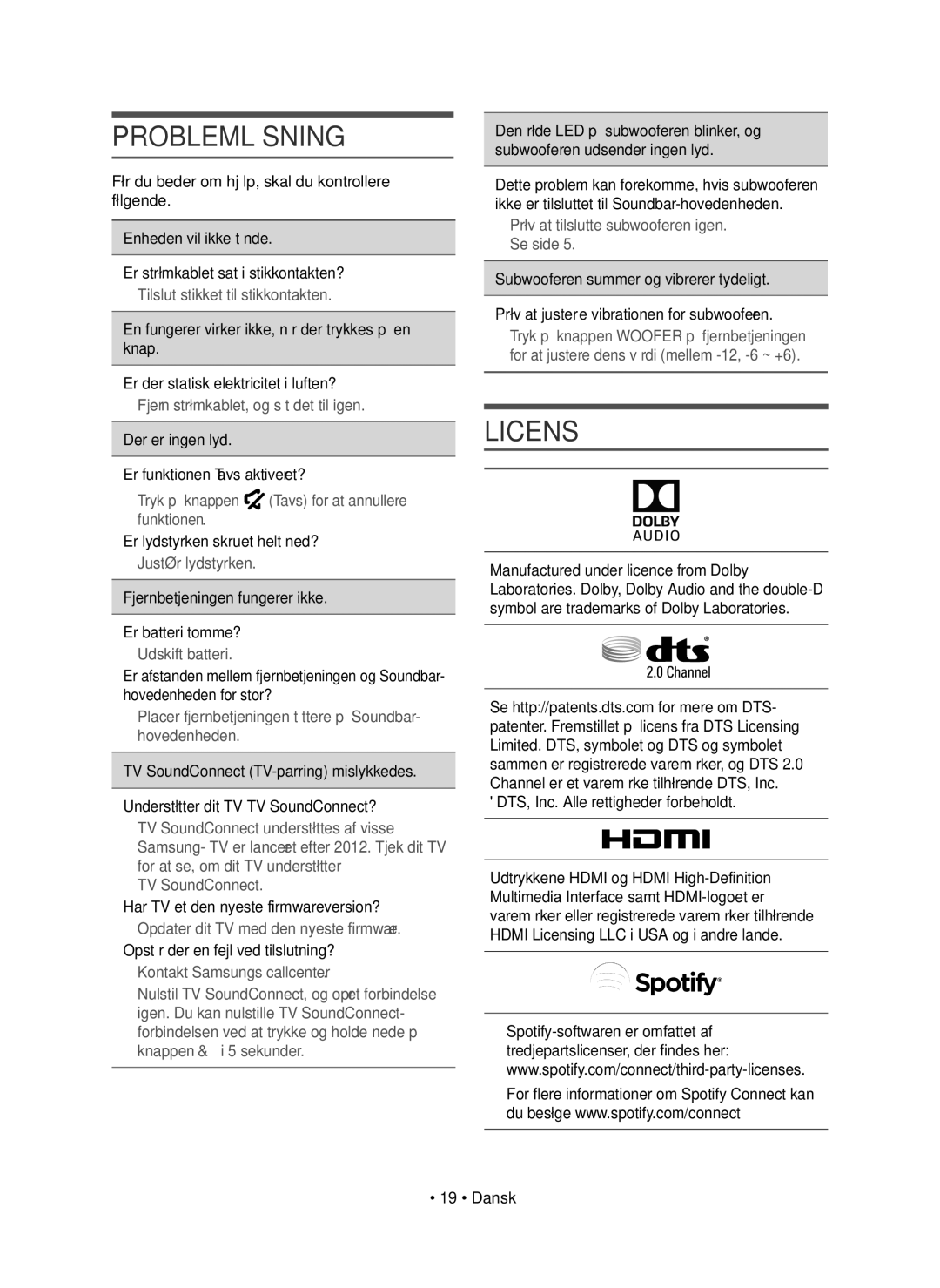 Samsung HW-J8510R/XE, HW-J8511R/XE manual Problemløsning, Licens 