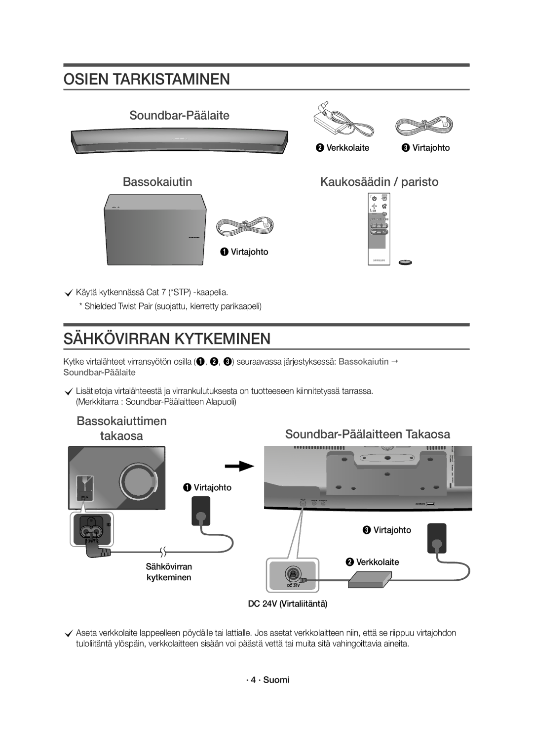 Samsung HW-J8511R/XE Osien Tarkistaminen, Sähkövirran Kytkeminen, Soundbar-Päälaite, Bassokaiutin Kaukosäädin / paristo 