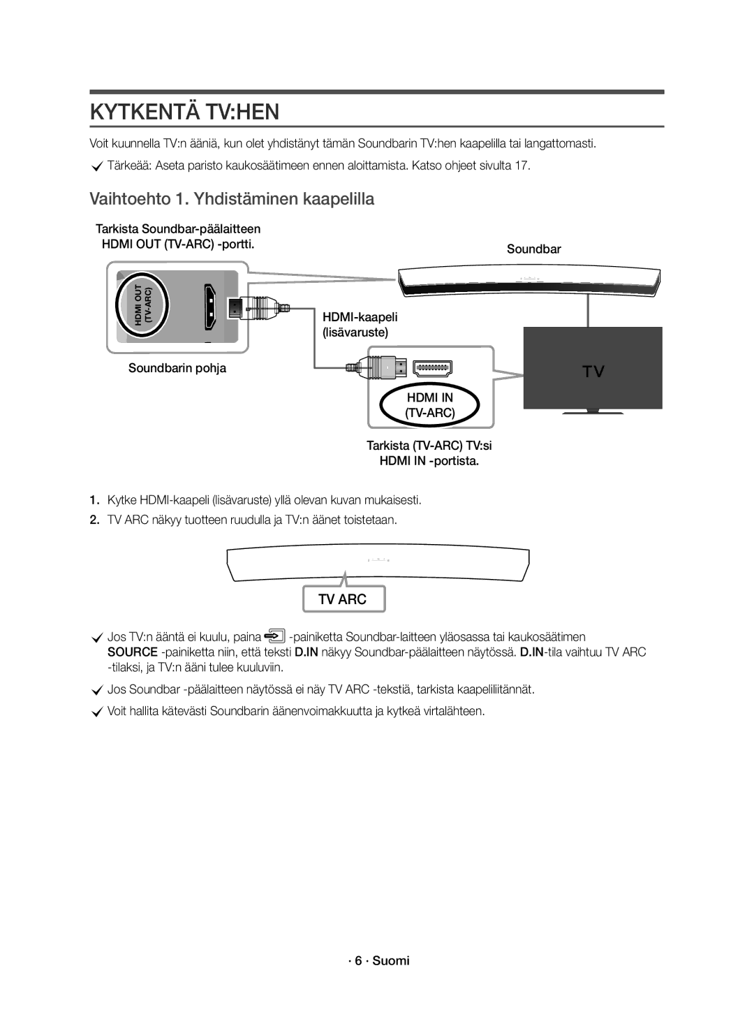 Samsung HW-J8511R/XE, HW-J8510R/XE manual Kytkentä Tvhen, Vaihtoehto 1. Yhdistäminen kaapelilla, Hdmi 