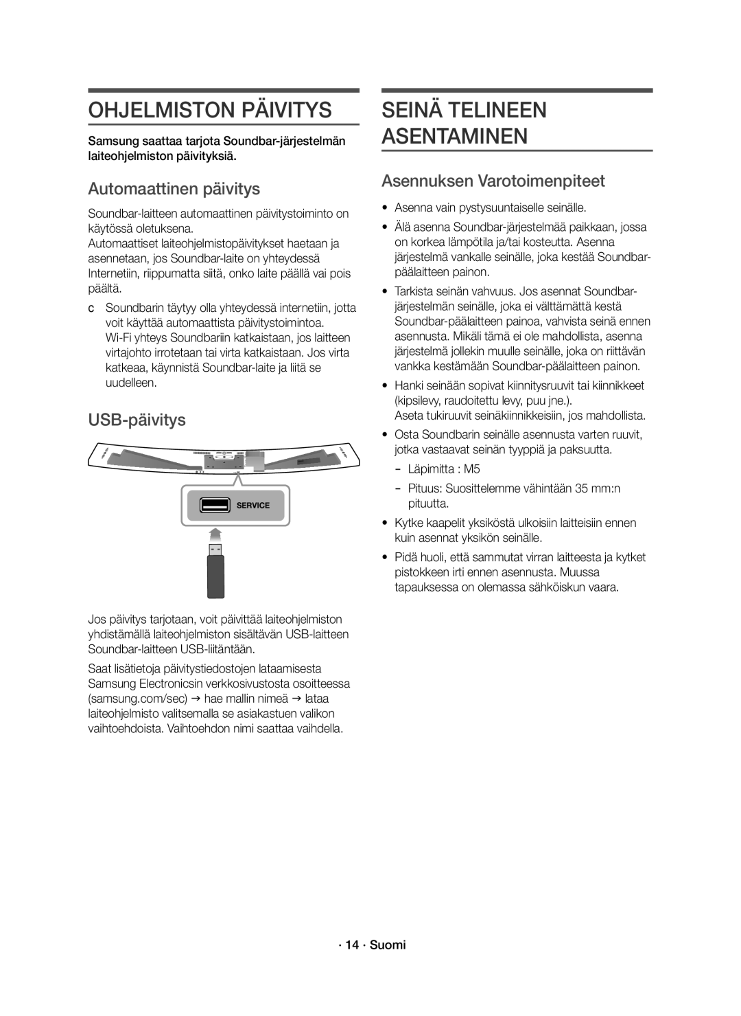 Samsung HW-J8511R/XE, HW-J8510R/XE Ohjelmiston Päivitys, Seinä Telineen Asentaminen, Automaattinen päivitys, USB-päivitys 