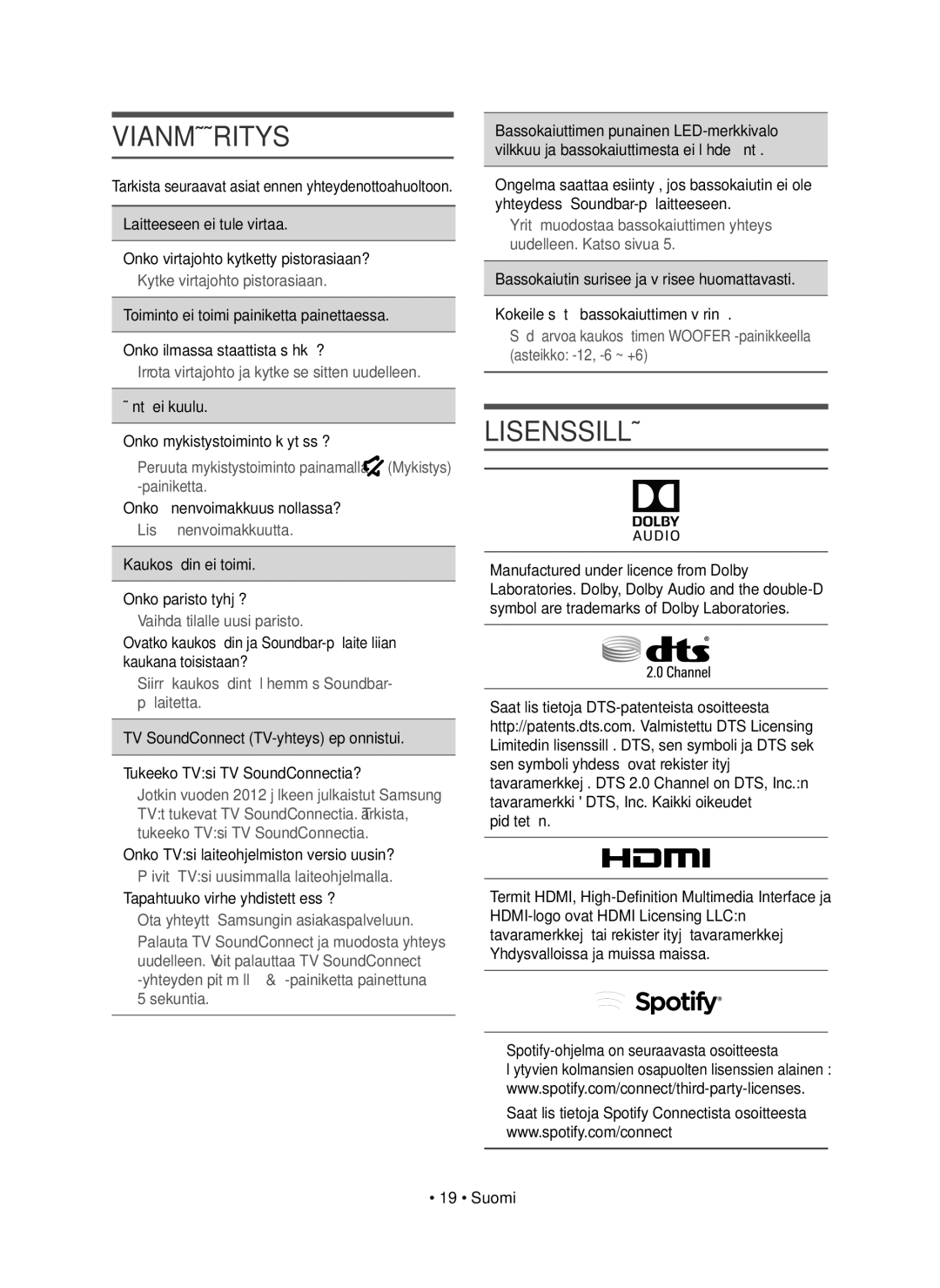 Samsung HW-J8510R/XE, HW-J8511R/XE manual Vianmääritys, Lisenssillä 