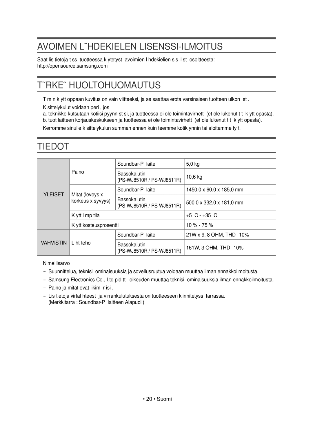 Samsung HW-J8511R/XE, HW-J8510R/XE manual Avoimen Lähdekielen LISENSSI-ILMOITUS, Tärkeä Huoltohuomautus, Tiedot 