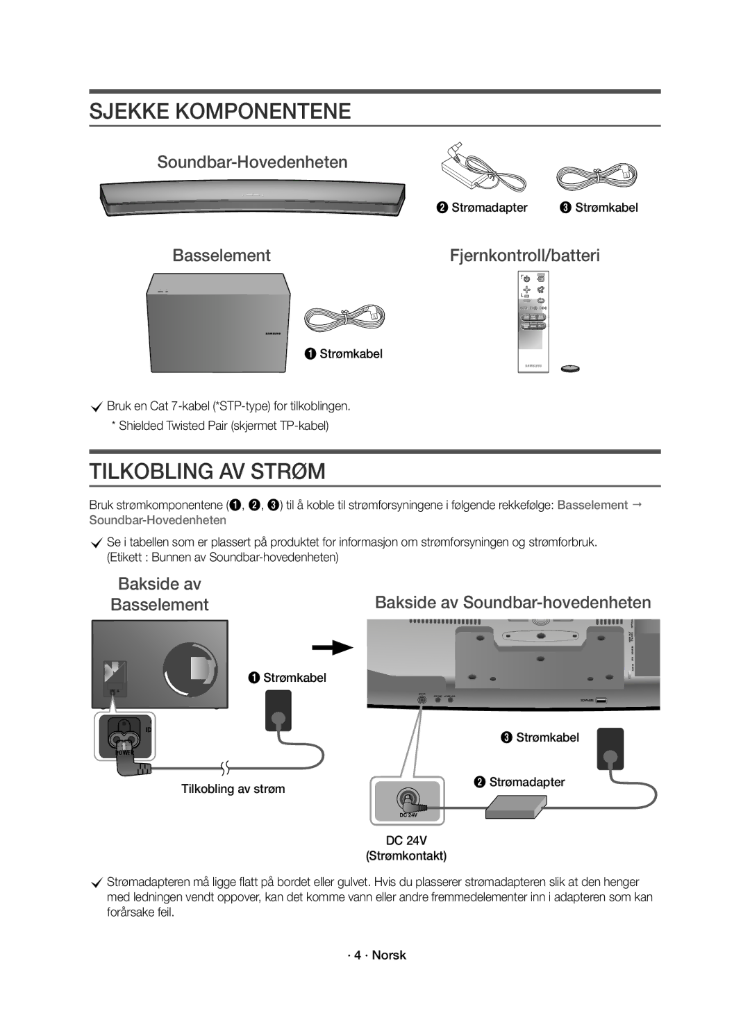 Samsung HW-J8511R/XE, HW-J8510R/XE Sjekke Komponentene, Tilkobling AV Strøm, Soundbar-Hovedenheten, Tilkobling av strøm 