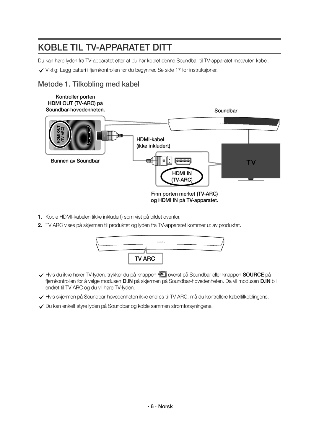 Samsung HW-J8511R/XE, HW-J8510R/XE manual Koble TIL TV-APPARATET Ditt, Metode 1. Tilkobling med kabel 