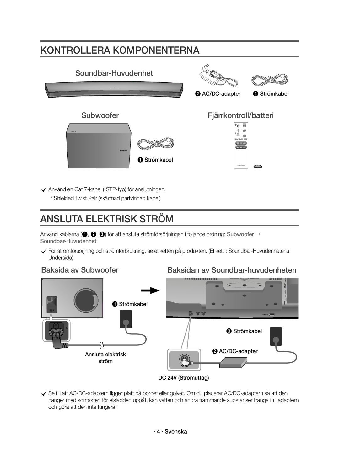 Samsung HW-J8511R/XE, HW-J8510R/XE manual Kontrollera Komponenterna, Ansluta Elektrisk Ström, Soundbar-Huvudenhet 