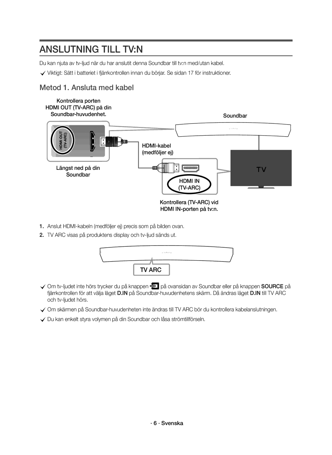 Samsung HW-J8511R/XE Anslutning Till TVN, Metod 1. Ansluta med kabel, HDMI-kabel Längst ned på din Medföljer ej Soundbar 