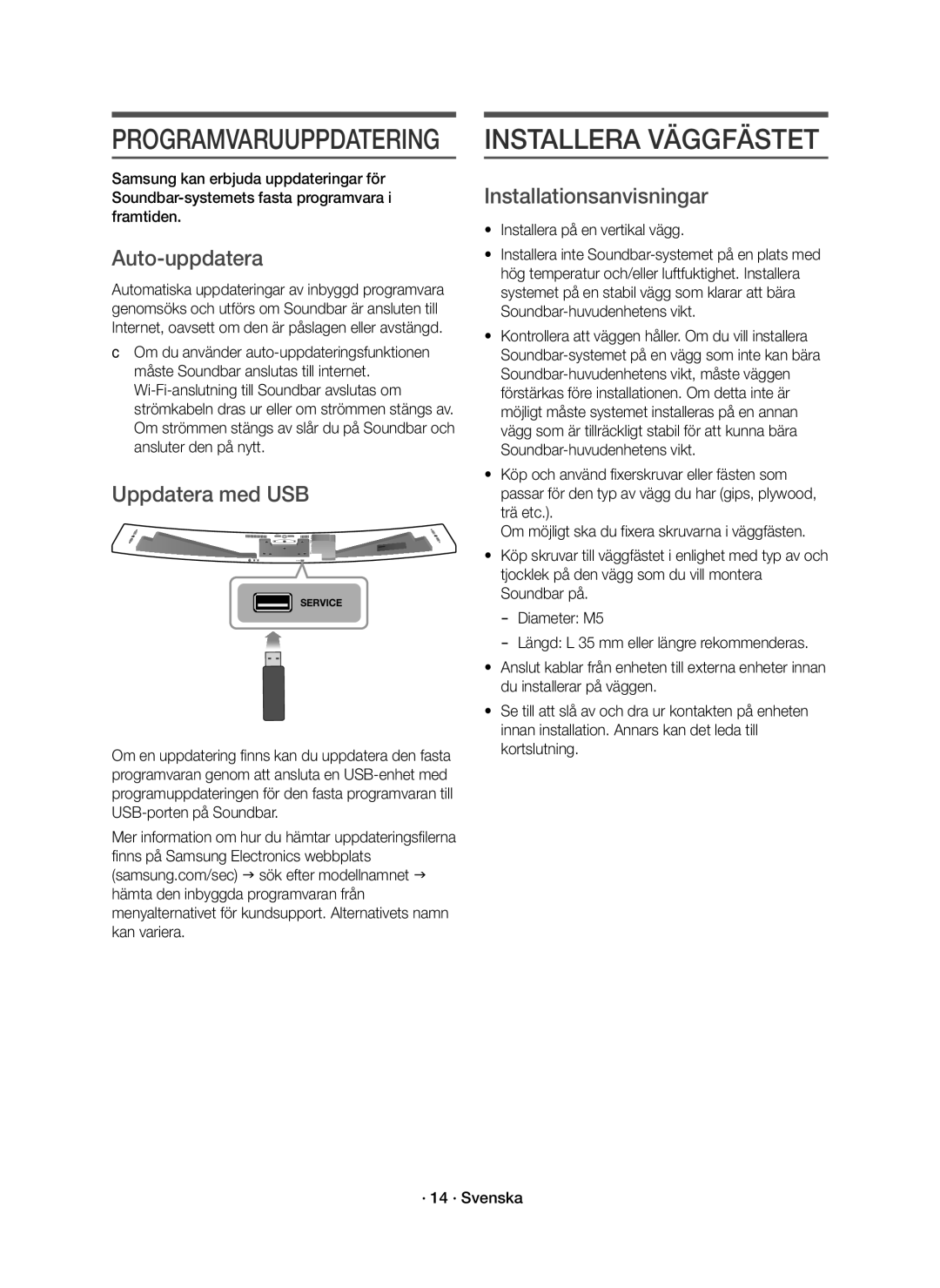 Samsung HW-J8511R/XE, HW-J8510R/XE manual Installera Väggfästet, Auto-uppdatera, Uppdatera med USB, Installationsanvisningar 