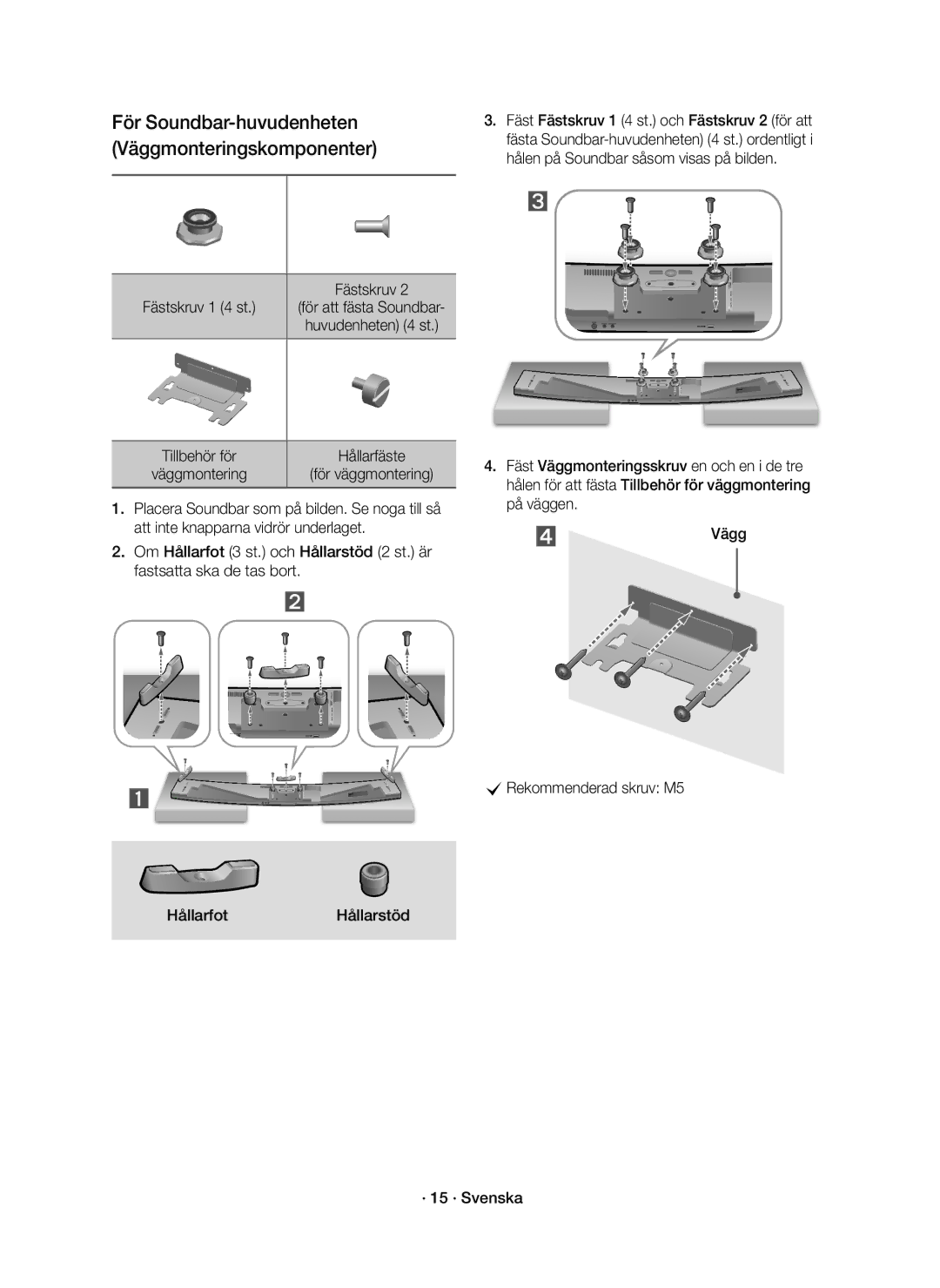 Samsung HW-J8510R/XE, HW-J8511R/XE manual För Soundbar-huvudenheten Väggmonteringskomponenter, Fästskruv 1 4 st 