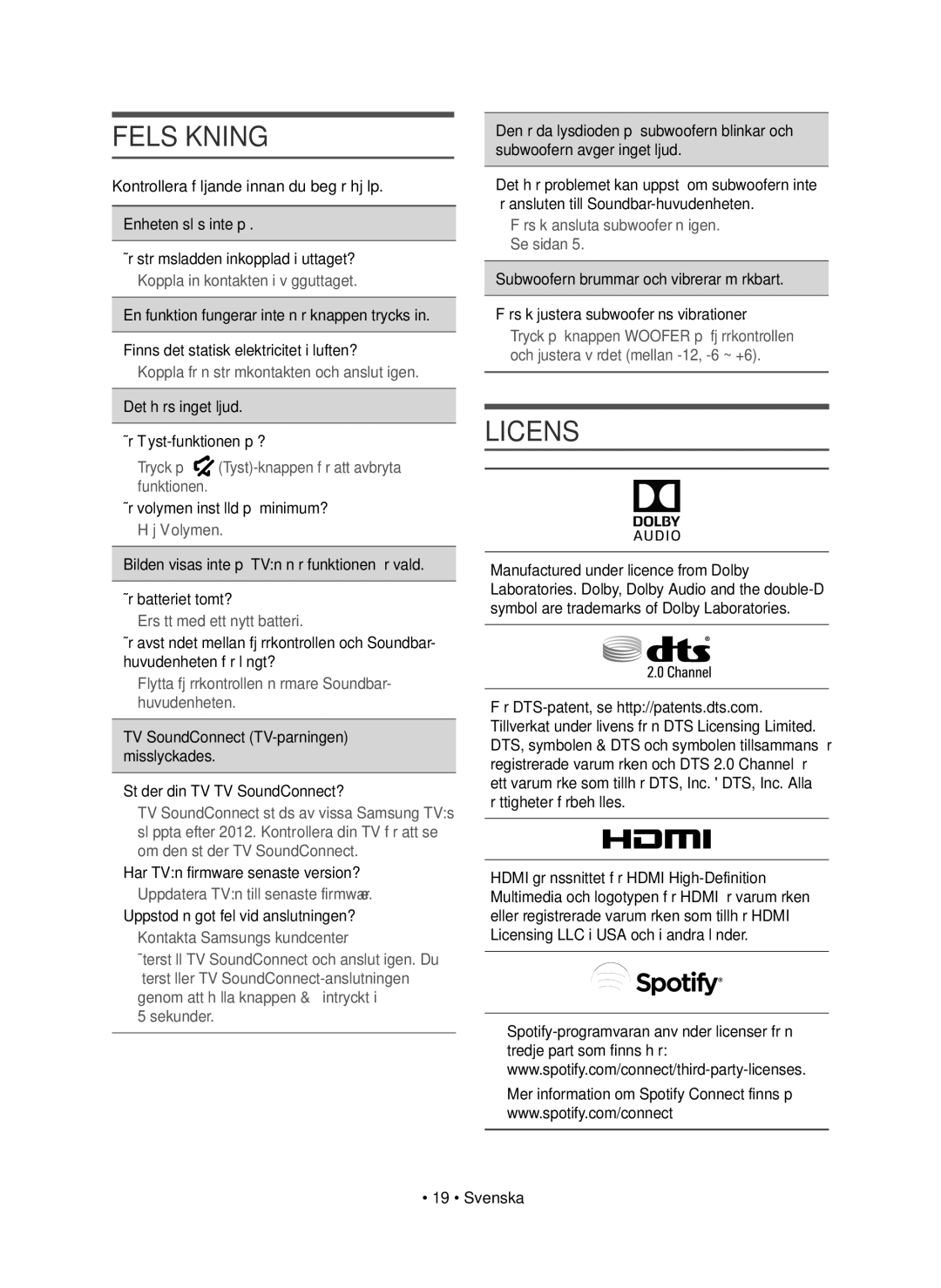 Samsung HW-J8510R/XE, HW-J8511R/XE Felsökning, Det hörs inget ljud Är Tyst-funktionen på?, Är volymen inställd på minimum? 