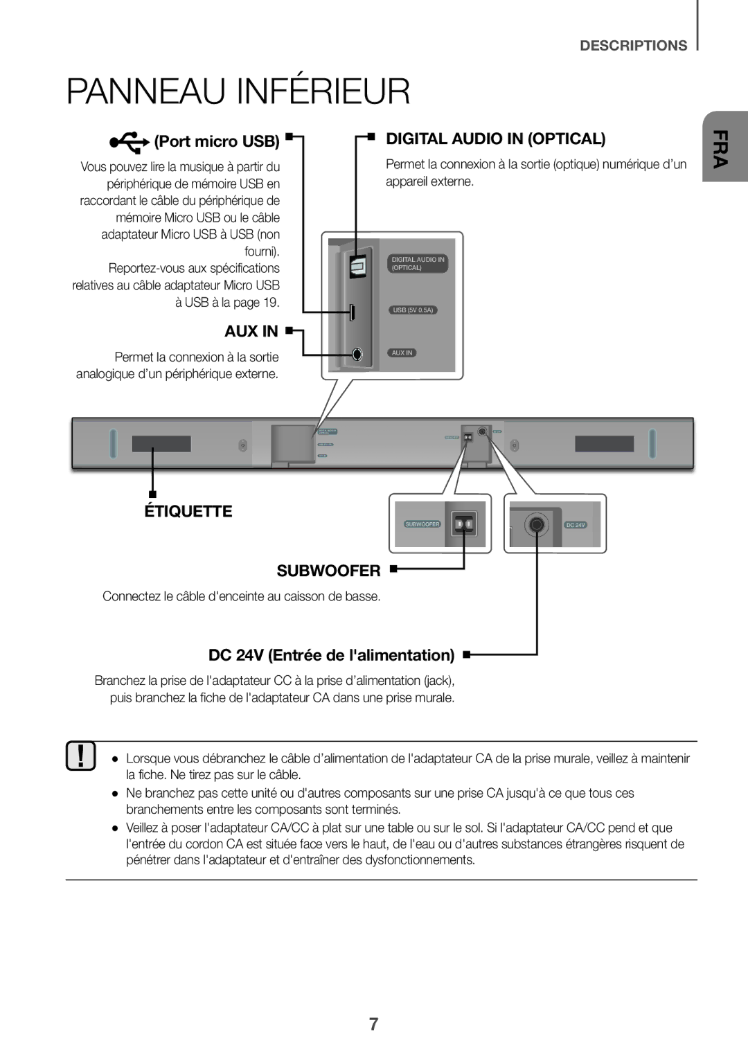 Samsung HW-K335/EN manual Panneau Inférieur, Connectez le câble denceinte au caisson de basse 