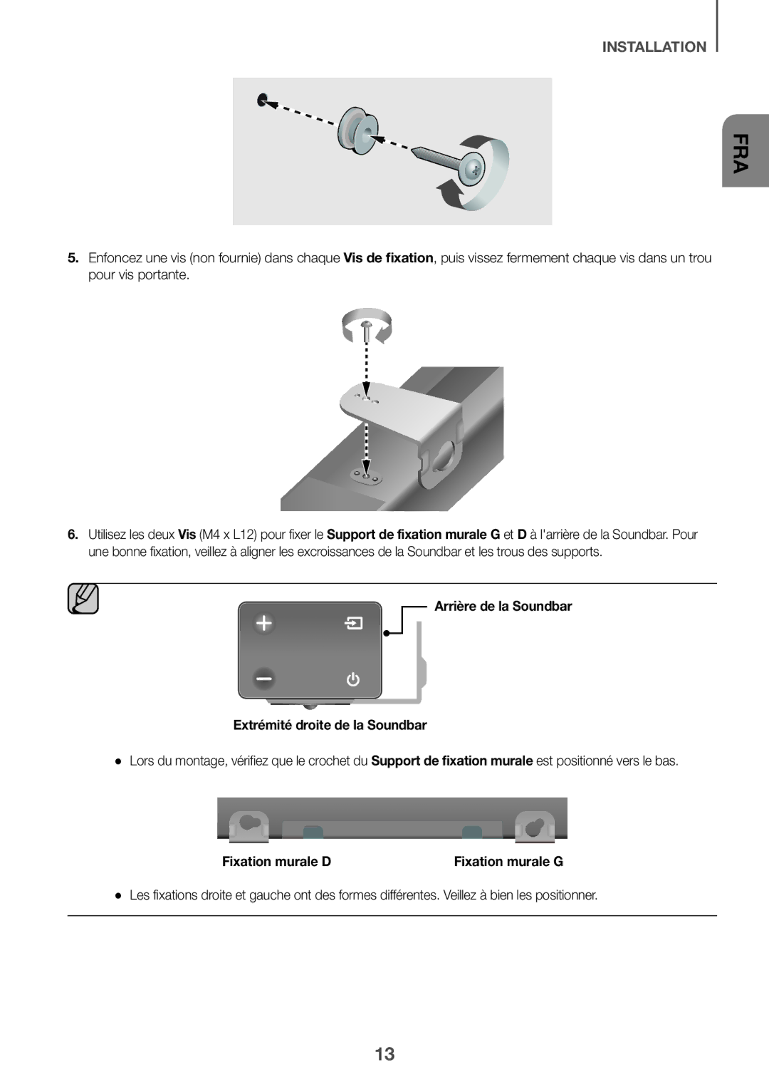 Samsung HW-K335/EN manual Arrière de la Soundbar Extrémité droite de la Soundbar, Fixation murale D 