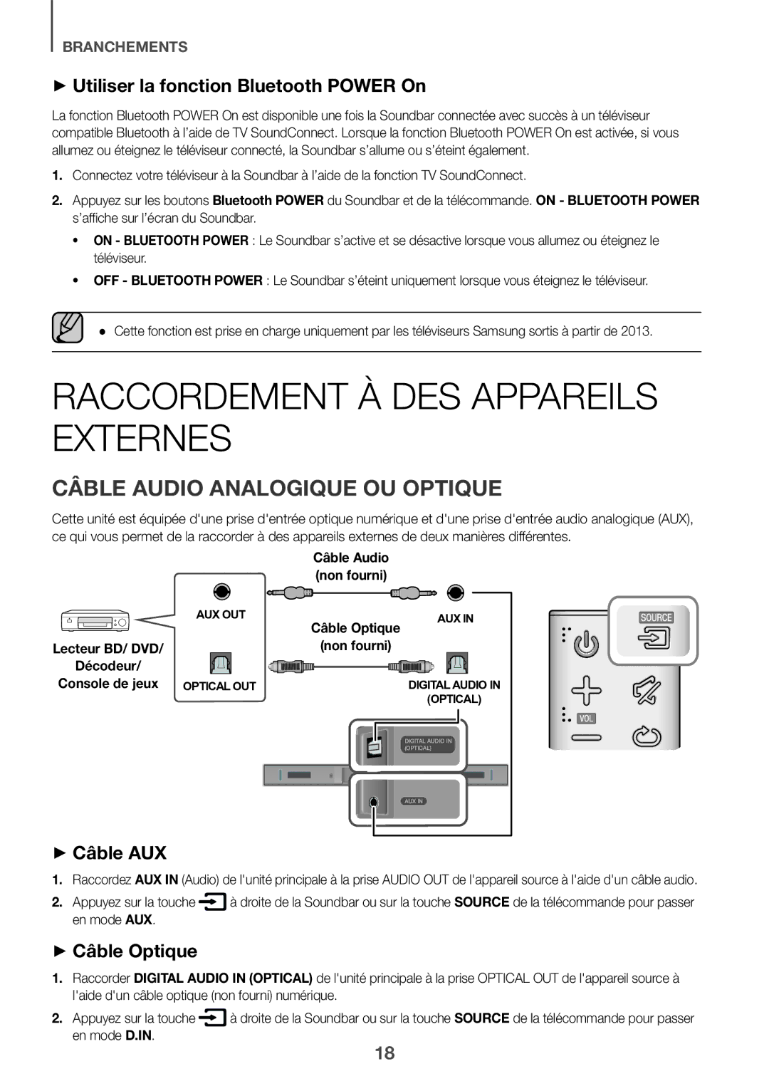 Samsung HW-K335/EN Raccordement À DES Appareils Externes, Câble Audio Analogique OU Optique, ++Câble AUX, ++Câble Optique 