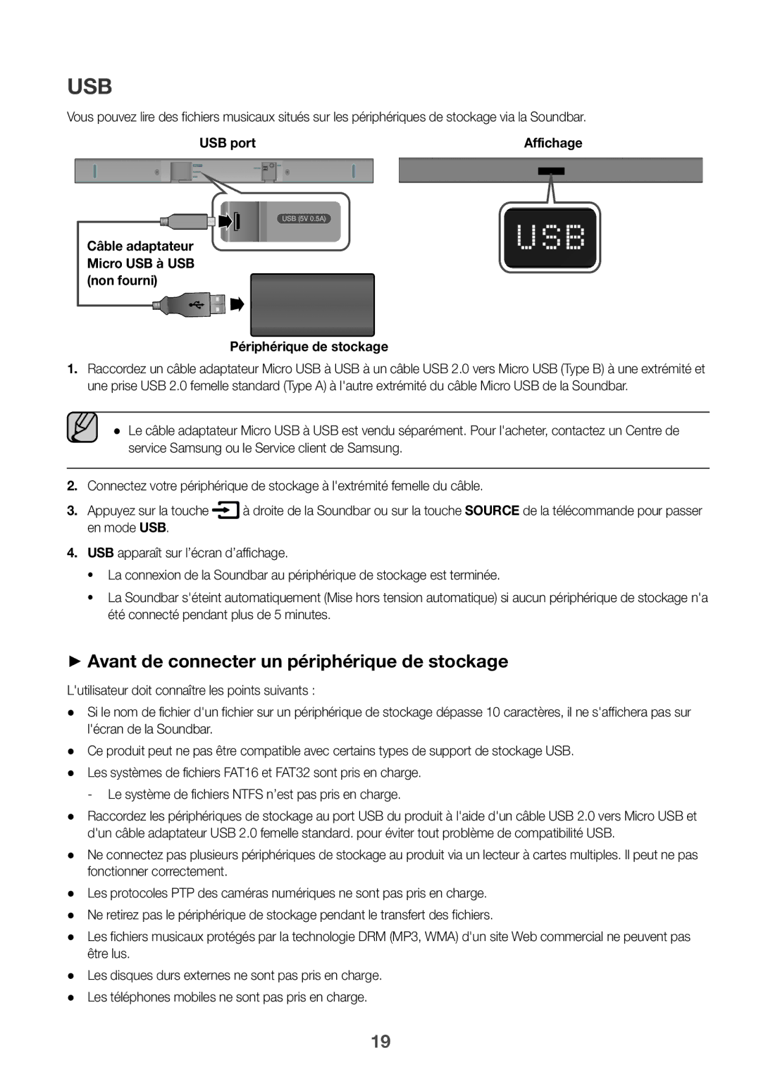 Samsung HW-K335/EN manual Usb, ++Avant de connecter un périphérique de stockage 