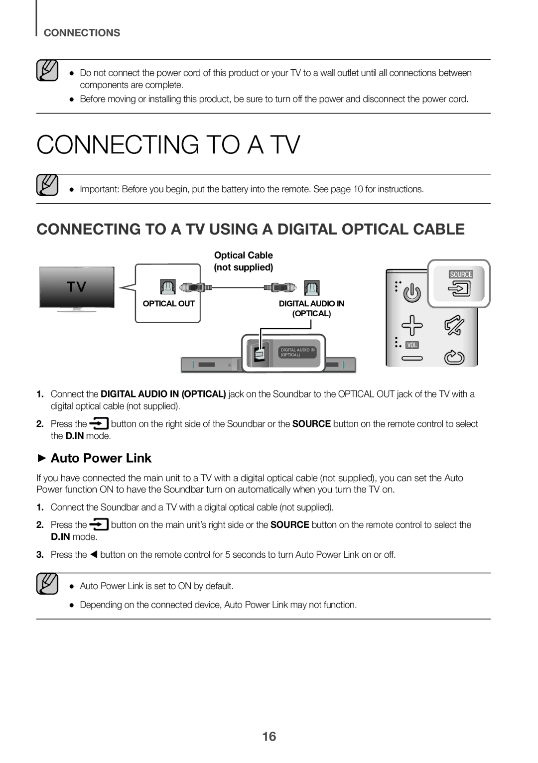 Samsung HW-K335/EN Connecting to a TV Using a Digital Optical Cable, ++Auto Power Link, Optical Cable not supplied 