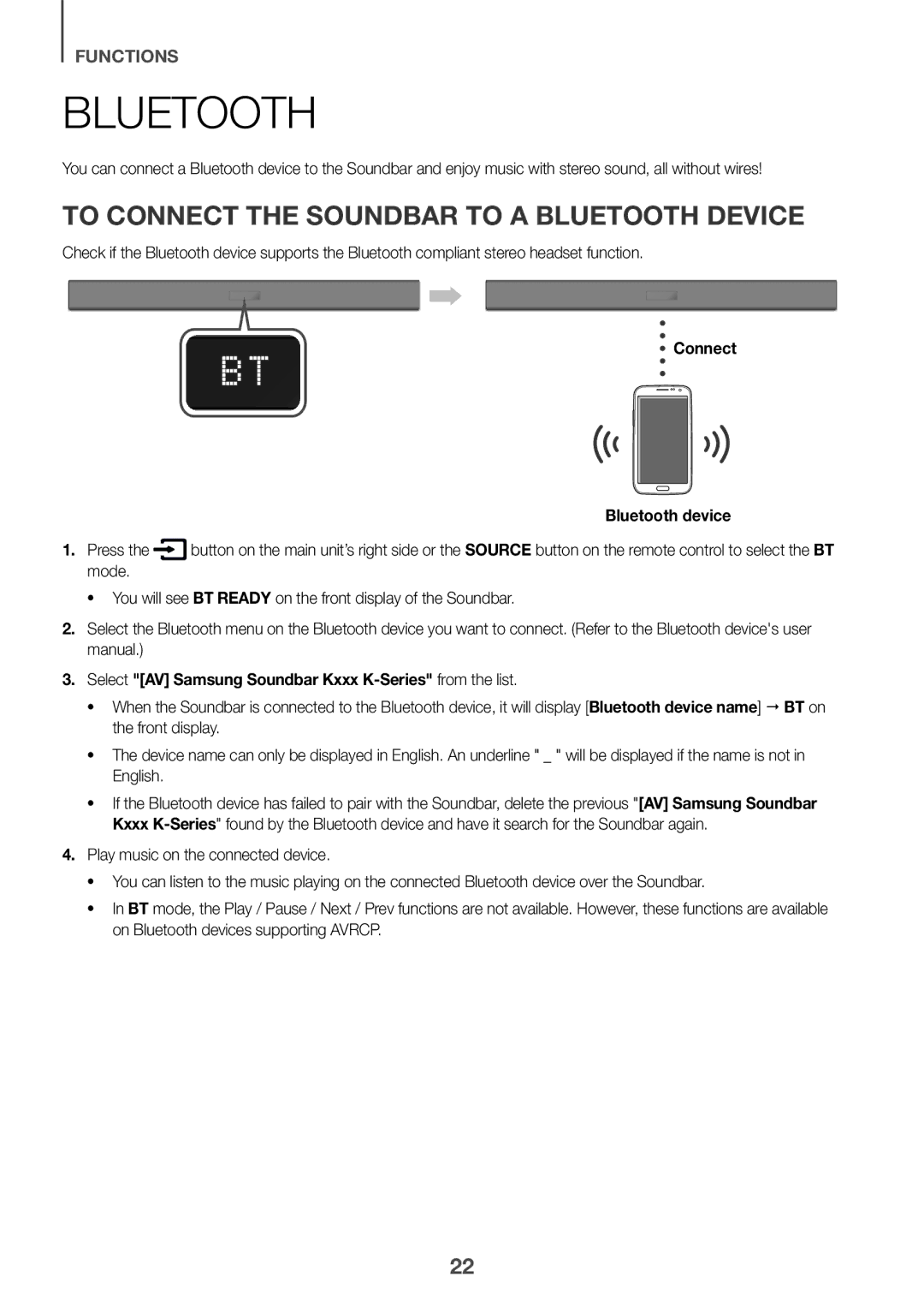 Samsung HW-K335/EN manual To Connect the Soundbar to a Bluetooth Device, Connect Bluetooth device 