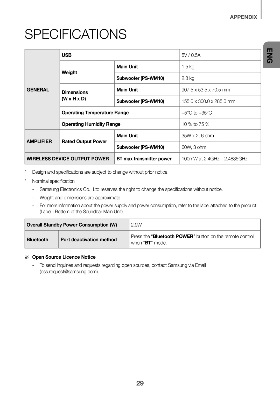 Samsung HW-K335/EN manual Specifications 