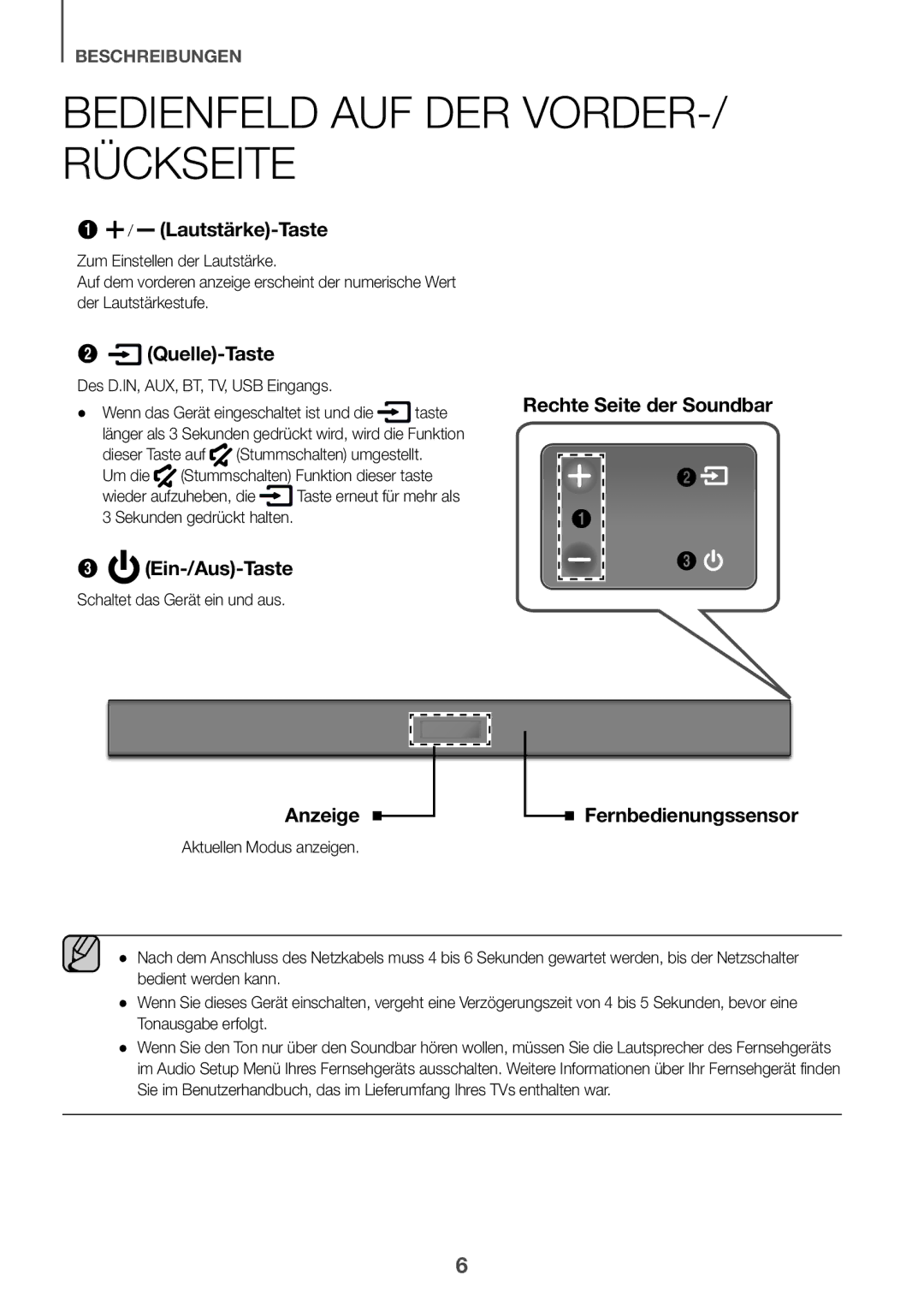 Samsung HW-K335/EN manual Bedienfeld AUF DER VORDER-/ Rückseite 