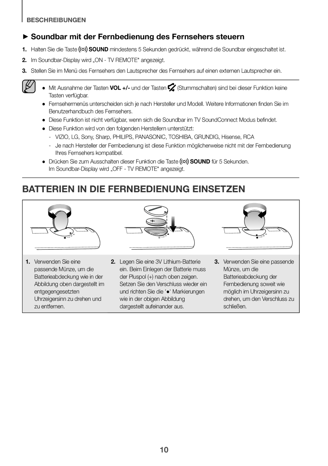 Samsung HW-K335/EN manual Batterien in DIE Fernbedienung Einsetzen, ++Soundbar mit der Fernbedienung des Fernsehers steuern 