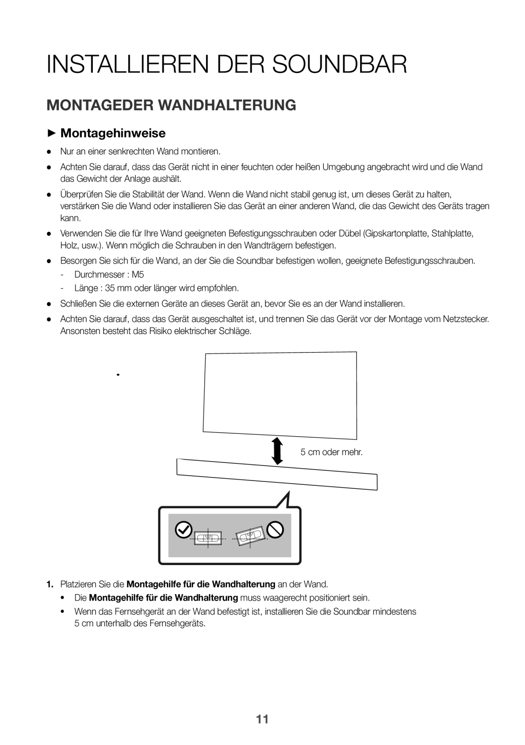 Samsung HW-K335/EN manual Installieren DER Soundbar, Cm oder mehr 