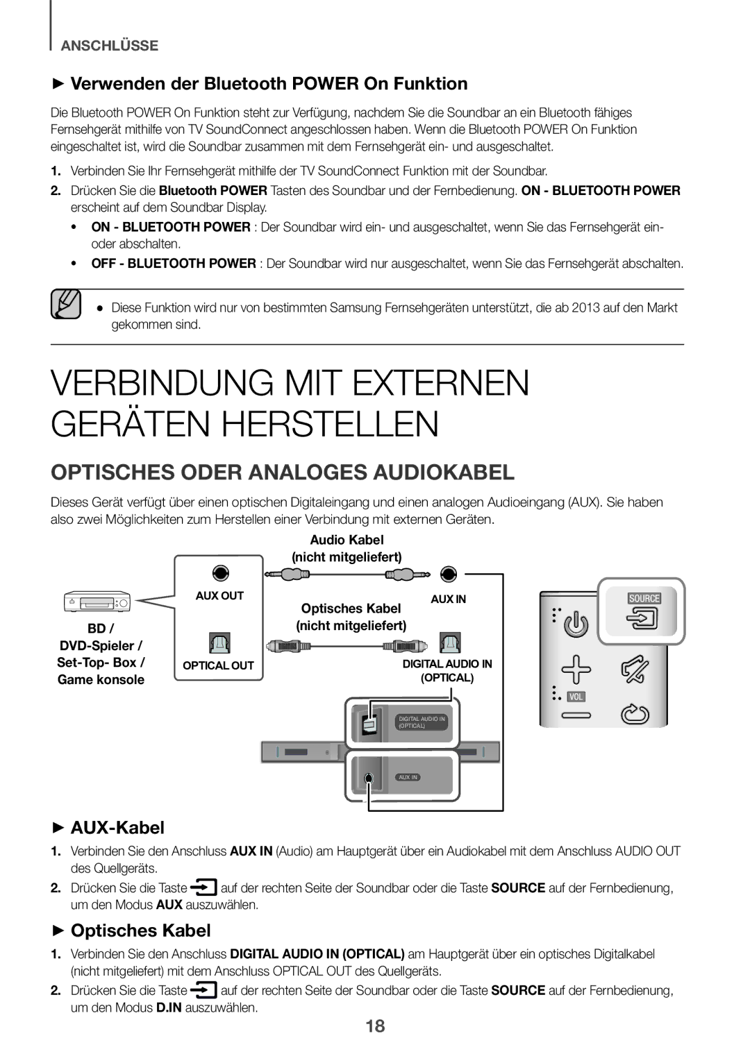 Samsung HW-K335/EN manual Optisches Oder Analoges Audiokabel, ++Verwenden der Bluetooth Power On Funktion, ++AUX-Kabel 