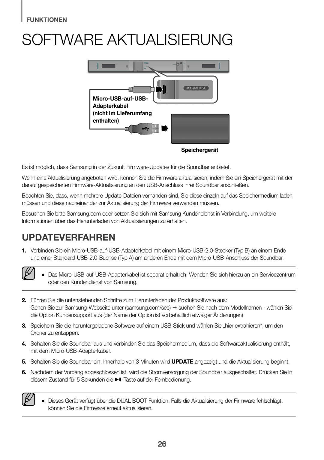 Samsung HW-K335/EN manual Software Aktualisierung, Updateverfahren, Micro-USB-auf-USB- Adapterkabel 