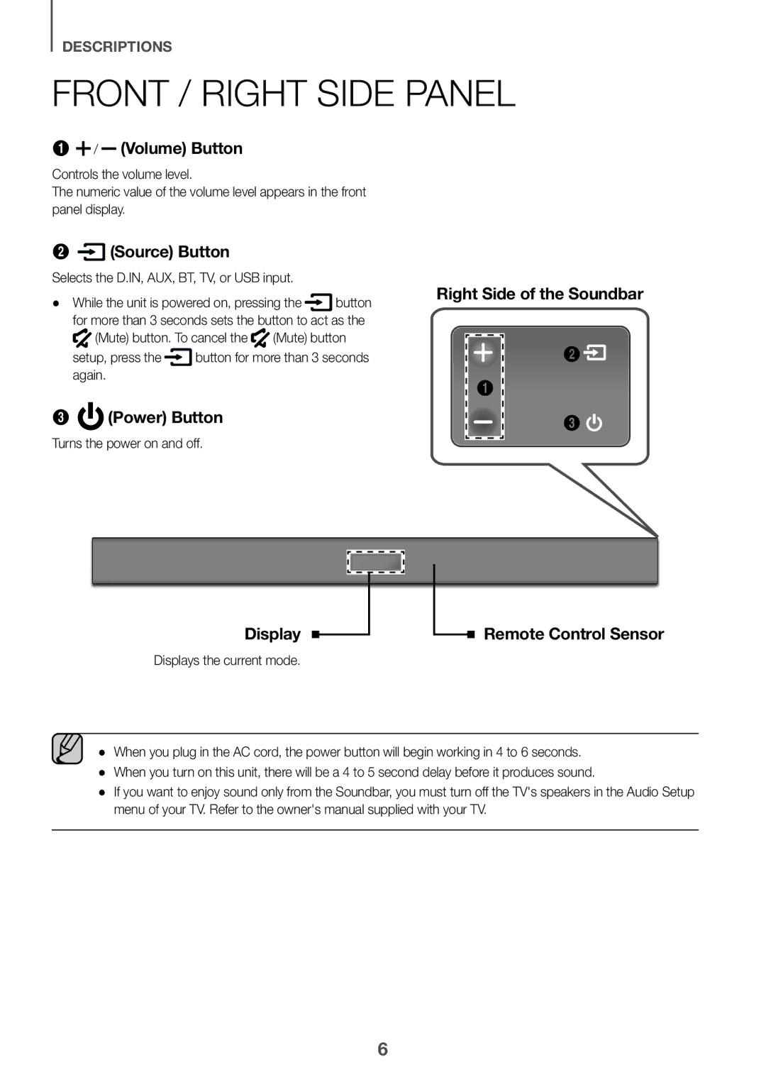 Samsung HW-K335/EN manual Front / Right Side Panel, Selects the D.IN, AUX, BT, TV, or USB input, Turns the power on and off 