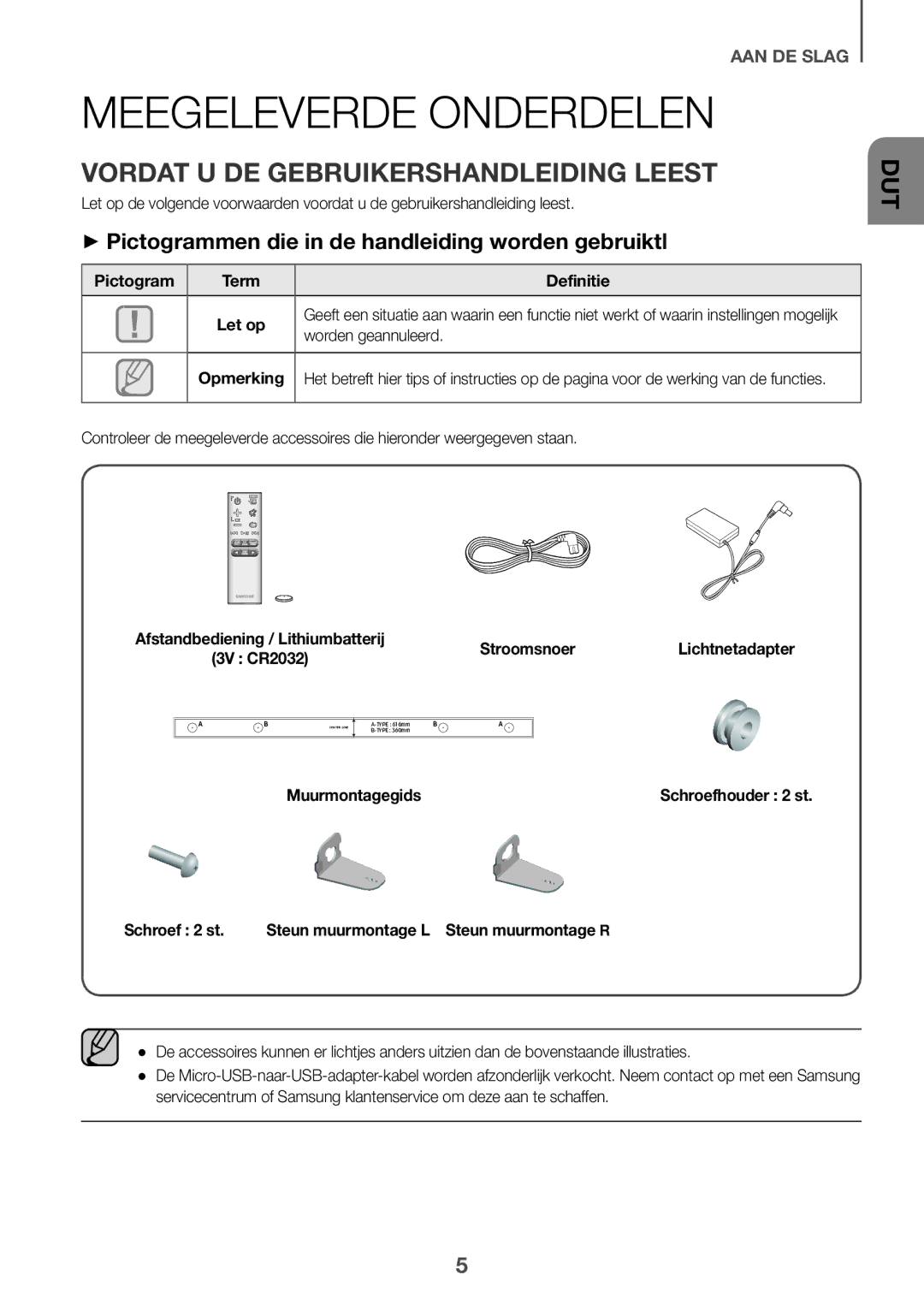 Samsung HW-K335/EN manual Meegeleverde Onderdelen, Vordat U DE Gebruikershandleiding Leest 