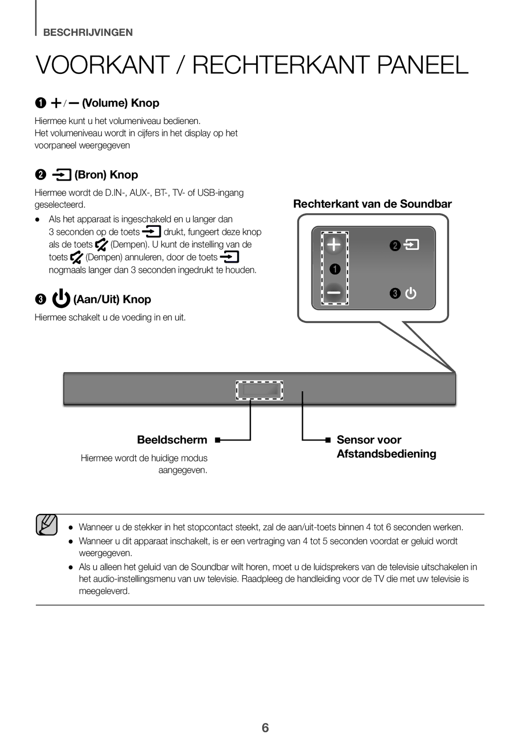 Samsung HW-K335/EN manual Voorkant / Rechterkant Paneel, Hiermee schakelt u de voeding in en uit 