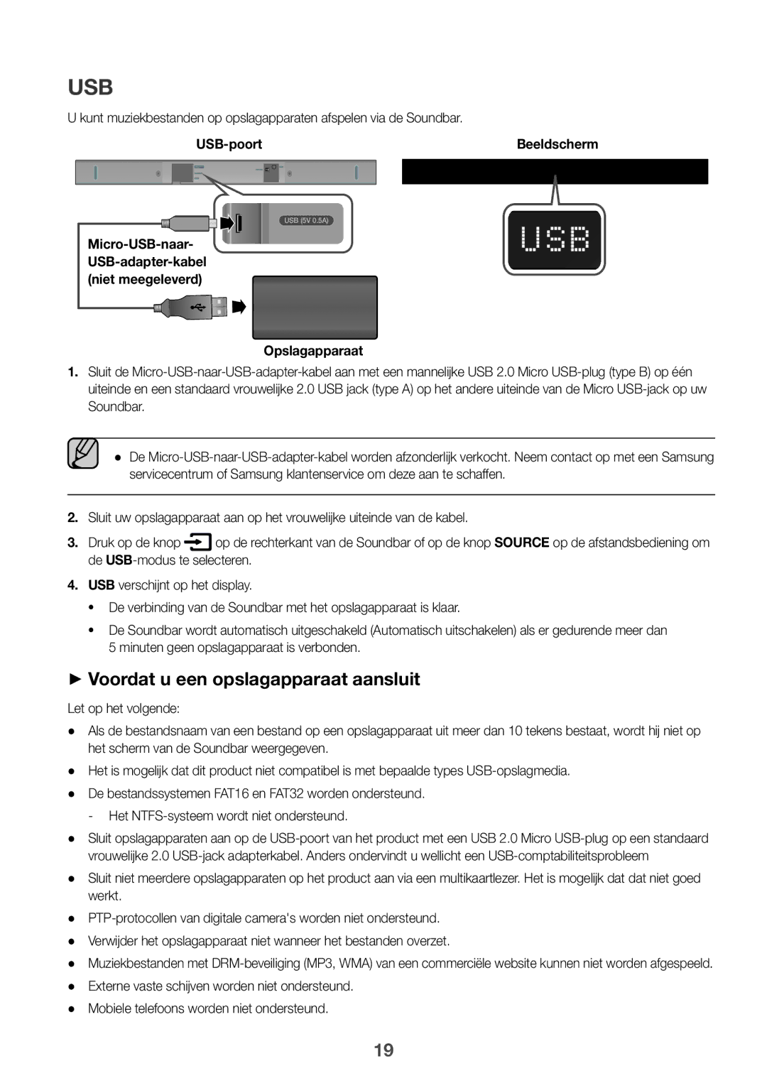 Samsung HW-K335/EN ++Voordat u een opslagapparaat aansluit, USB-poort, Micro-USB-naar- USB-adapter-kabel niet meegeleverd 