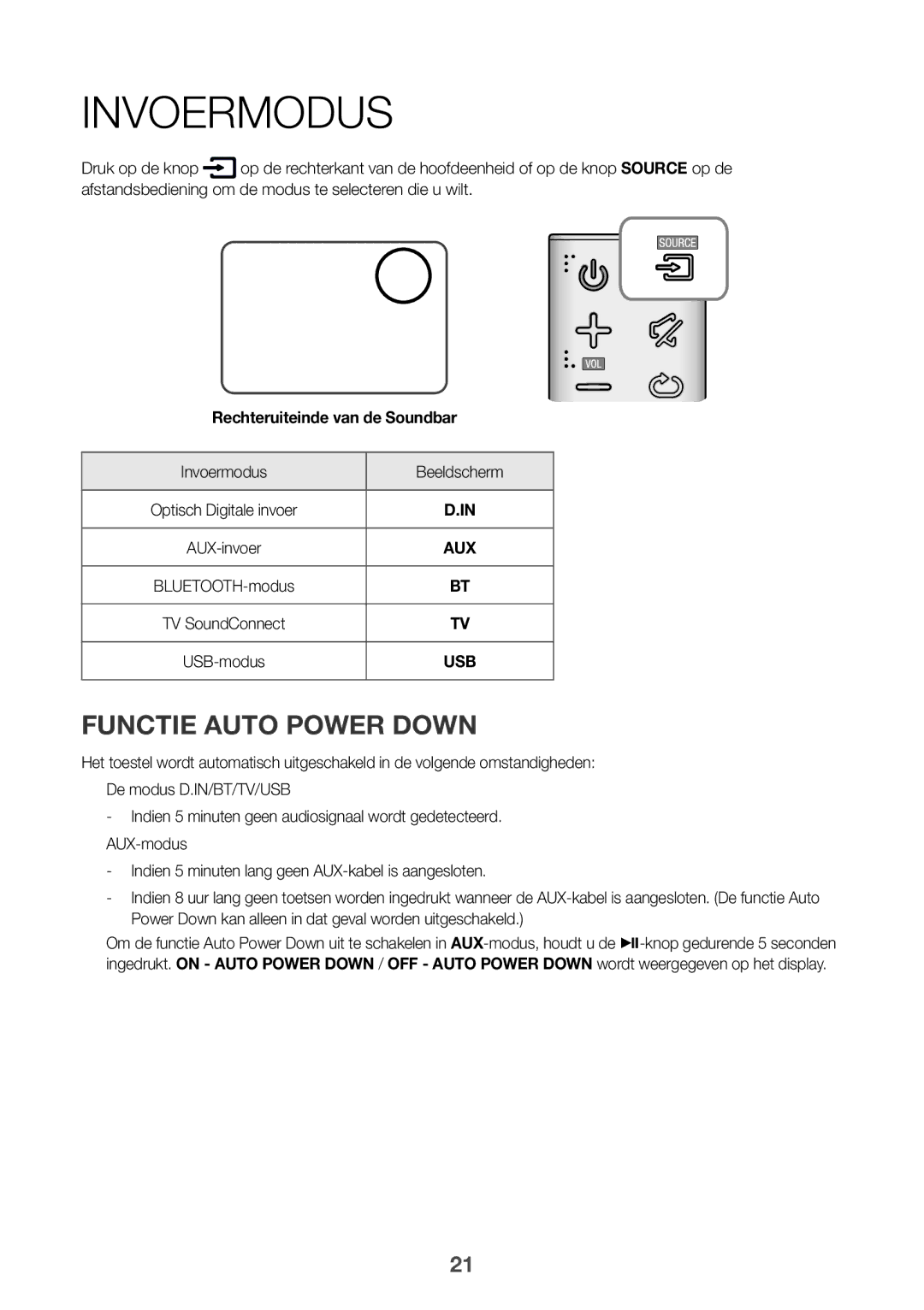 Samsung HW-K335/EN manual Functie Auto Power Down, Invoermodus Beeldscherm 