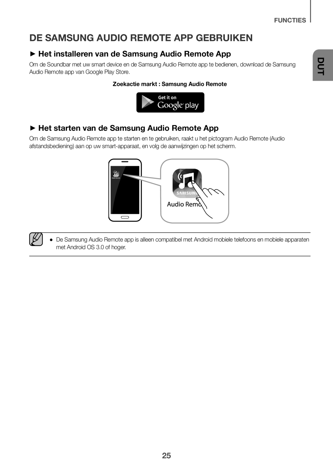 Samsung HW-K335/EN manual DE Samsung Audio Remote APP Gebruiken, ++Het installeren van de Samsung Audio Remote App 